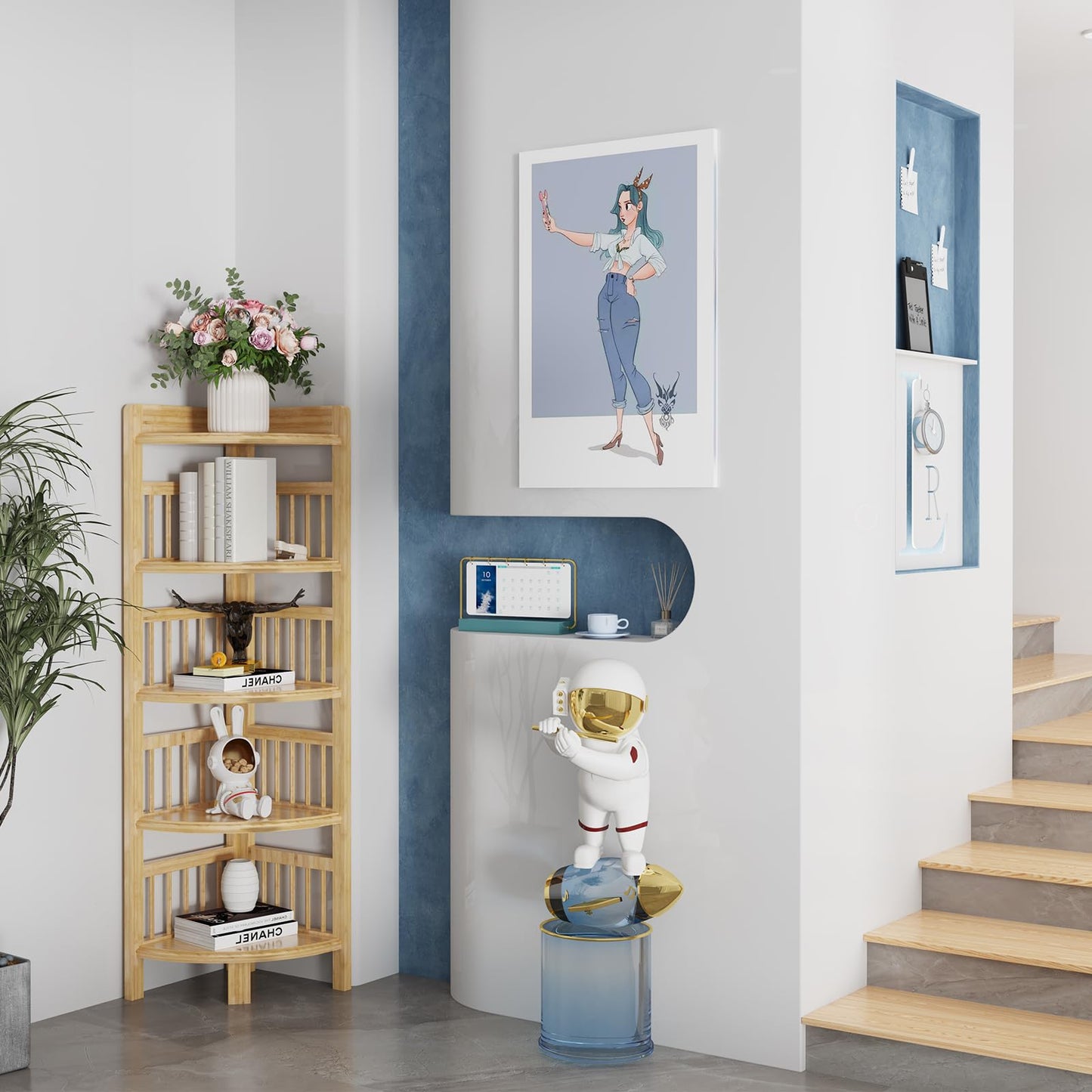 Dripex corner shelf standing, bathroom shelf, bamboo bookshelf, standing shelf with 5 shelves, 110x30x30cm, space-saving, small storage shelf for bathroom, living room, bedroom, kitchen, balcony.