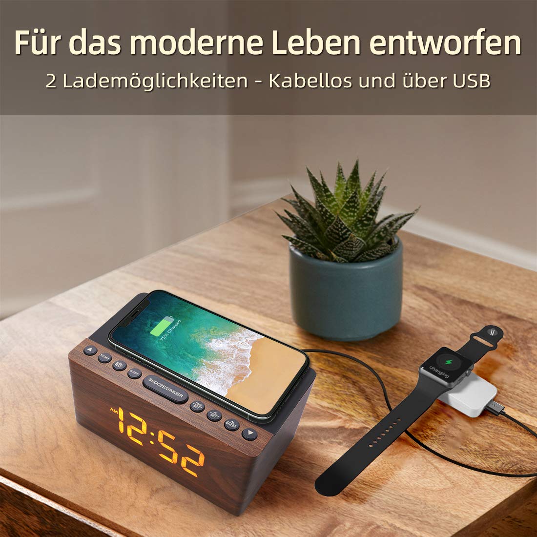 ANJANK Digital Wooden Alarm Clock with Wireless Charging Station, 10W Fast Charger for iPhone/Samsung Galaxy, LED Display with 5-Level Dimmer, USB Charging Port, Clock Radio, No Ticking