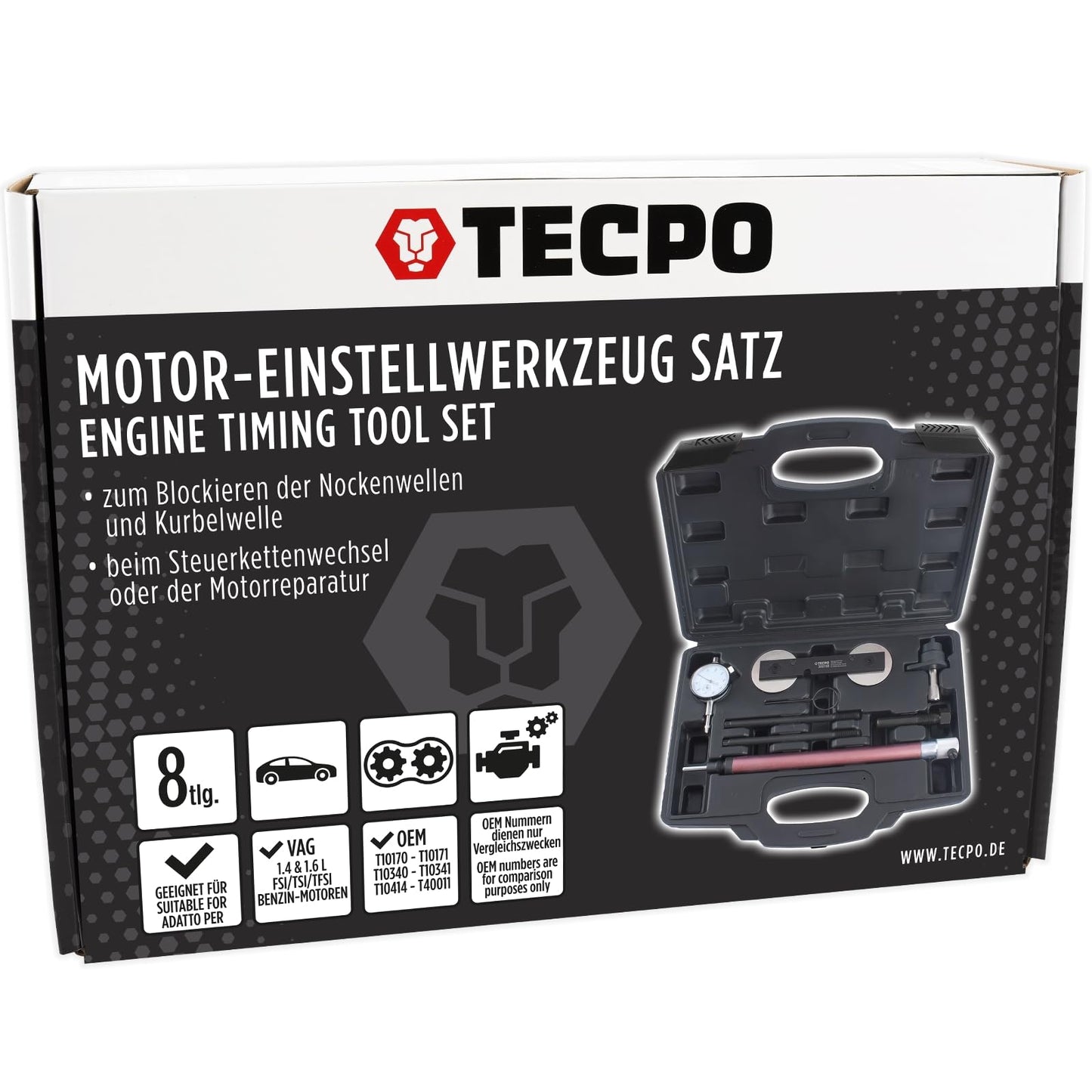TECPO Engine Timing Tool Set VAG 1.2 1.4 1.6 FSI TSI TFSI suitable for Audi, VW, Seat, Skoda. Includes camshaft/crankshaft locking tools, dial gauge, OEM T10171 T10340 T10414. Ideal for timing chain replacement.