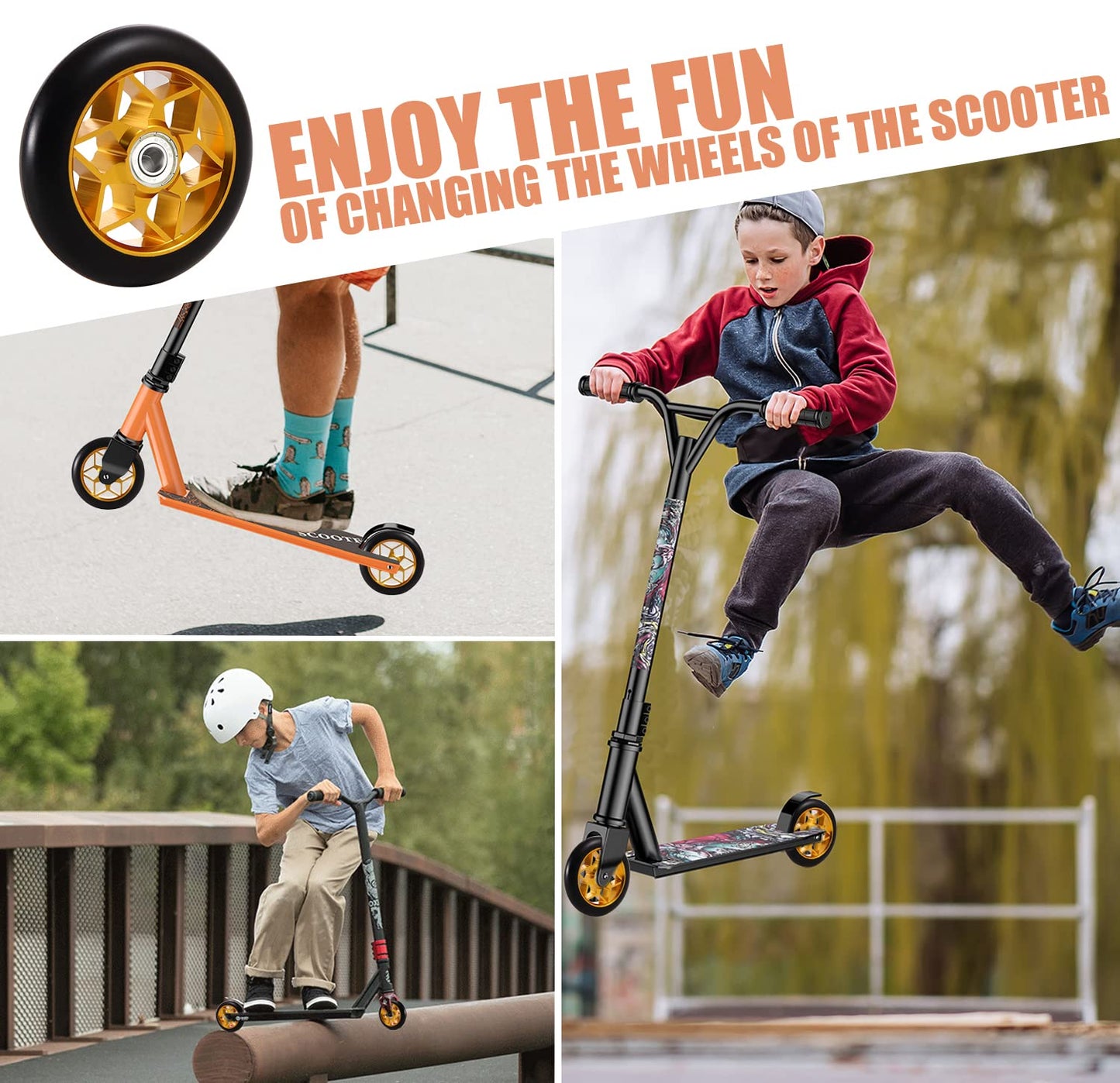 Stunt scooter wheels 110mm, stunt scooter tires 110mm, 110mm scooter wheels gold, stunt scooter wheels gold, 2 pieces freestyle scooter replacement wheels 110mm for chilli Cox Fuzion freestyle.