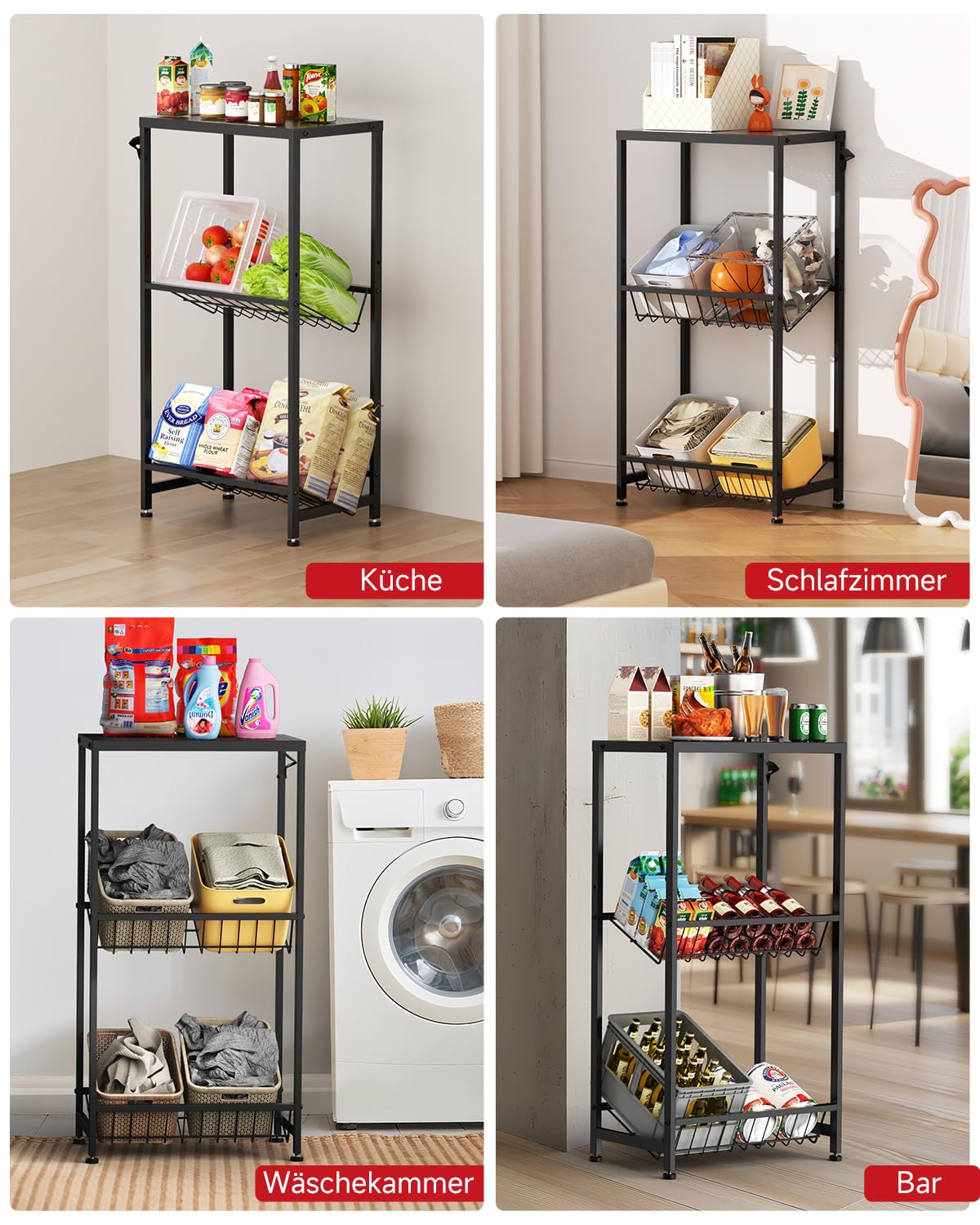 Rainsworth narrow beverage crate shelf in black with metal grid holder, 33W x 50D x 98H cm. Holds 2 crates with adjustable feet. Small beverage shelf.