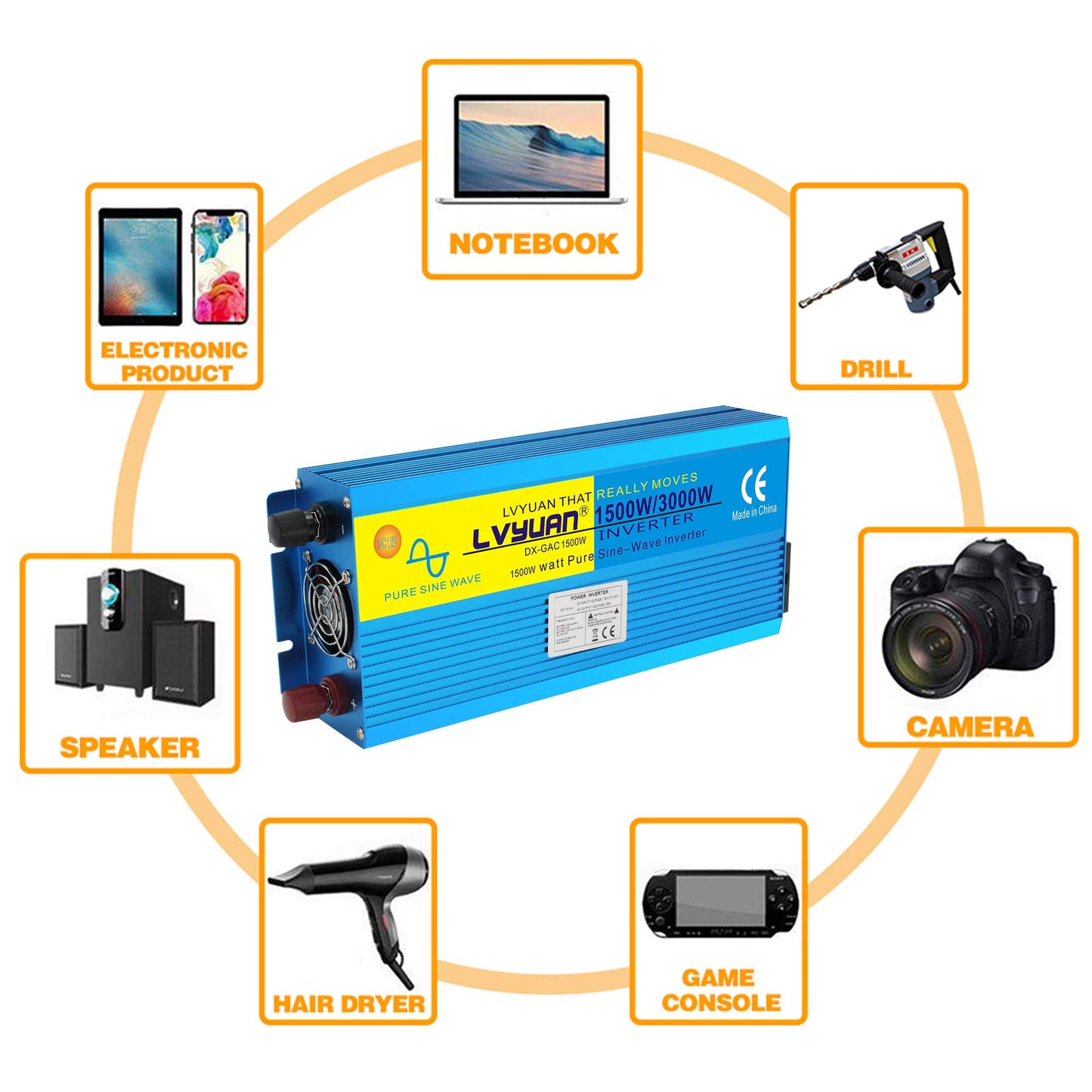 Cantonape 12V 230V inverter 1500W/3000W pure sine wave with remote control, EU socket, LED+LCD display, for car, caravan, boat, camping, travel.