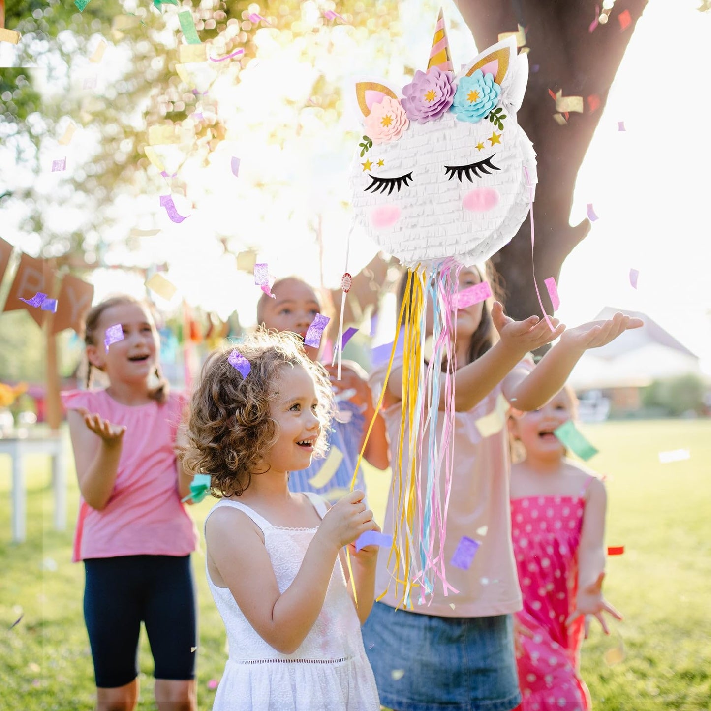 WERNNSAI Unicorn Pinata - Foldable pinata with blindfold and bat for girls, party supplies for kids with unicorn theme, foldable pinata with pull string for unicorn birthday parties.