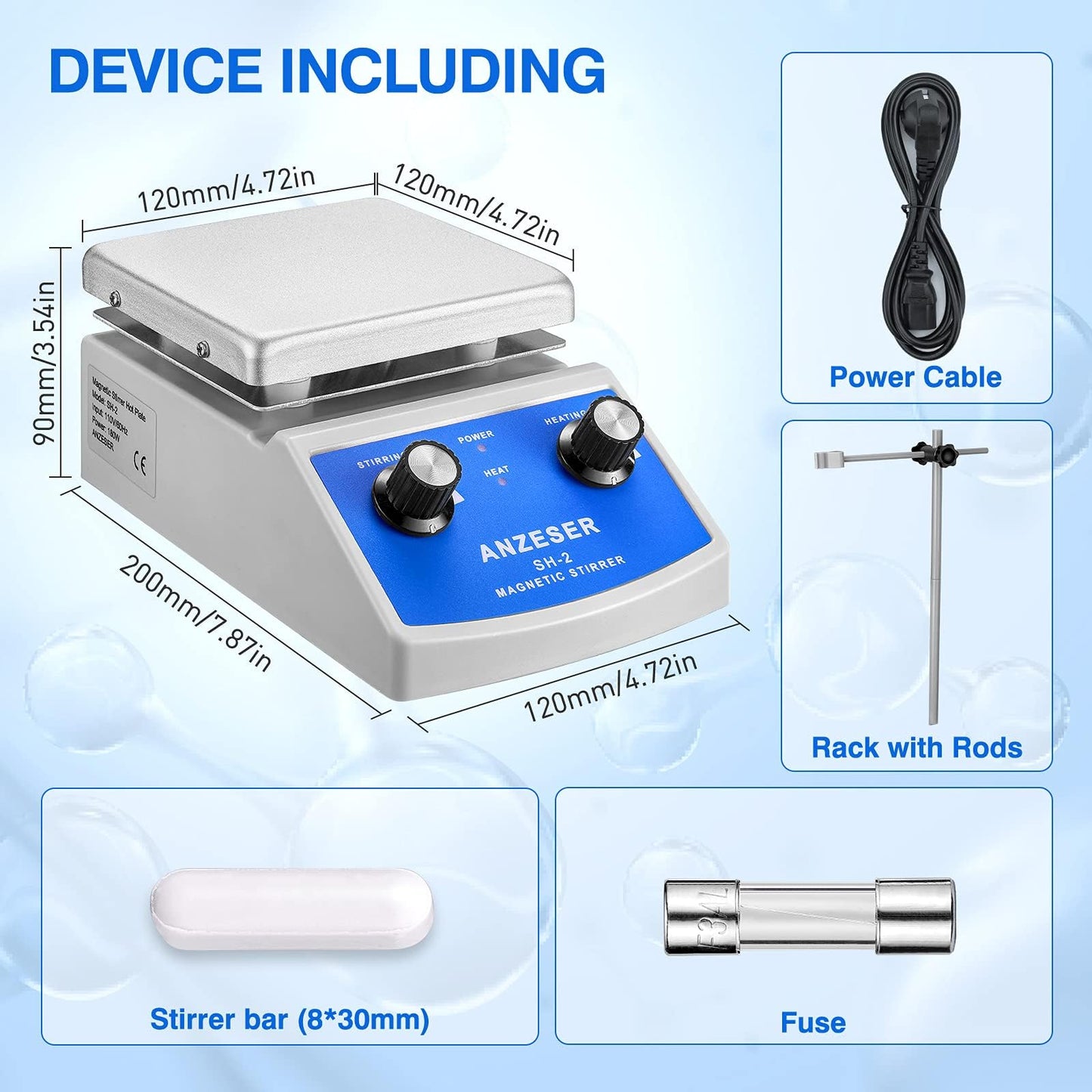 ANZESER Magnetic Stirrer Heating Plate 120x120mm 380°C for simultaneous mixing, stirring, and heating with EU plug, PTFE (Polytetrafluoroethylene), Aluminum