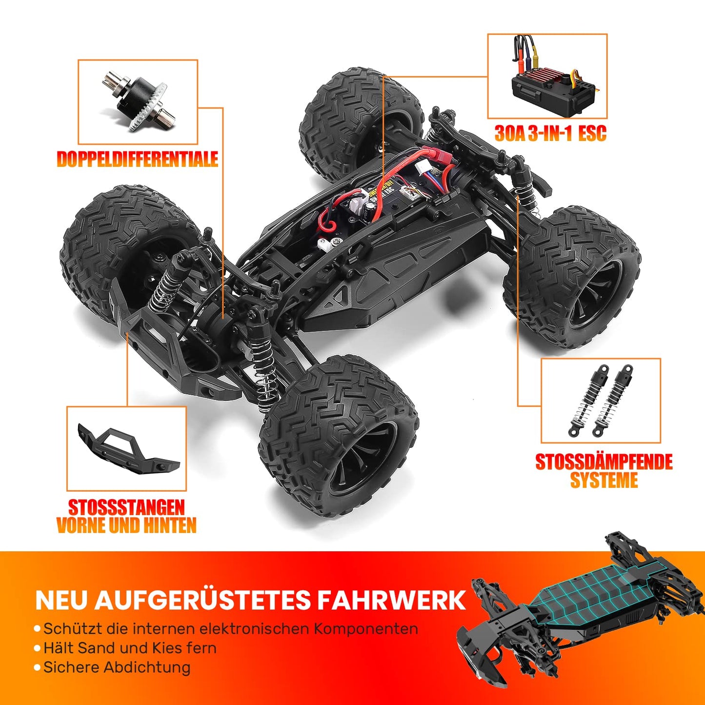 DEERC 1:14 Scale Remote Control Car, 4WD RC Car 40km/h with LED lights, 2 batteries for 40 minutes of runtime, 2.4GHz remote control racing toy for adults and kids (9000E).