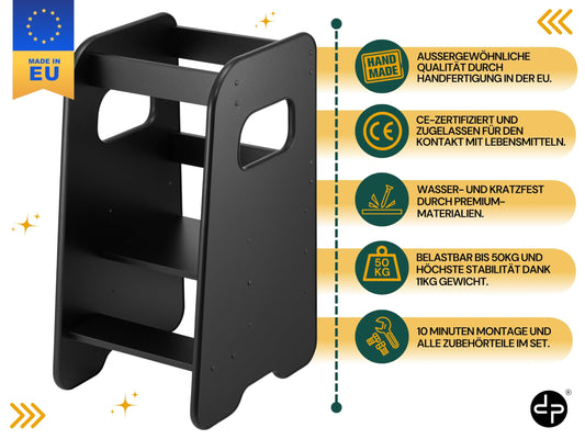 defiPad Learning Tower from 1 year - 3 levels adjustable in height, safe & stable - Learning Tower with tilt protection - Montessori learning tower for children - Made in the EU - Black