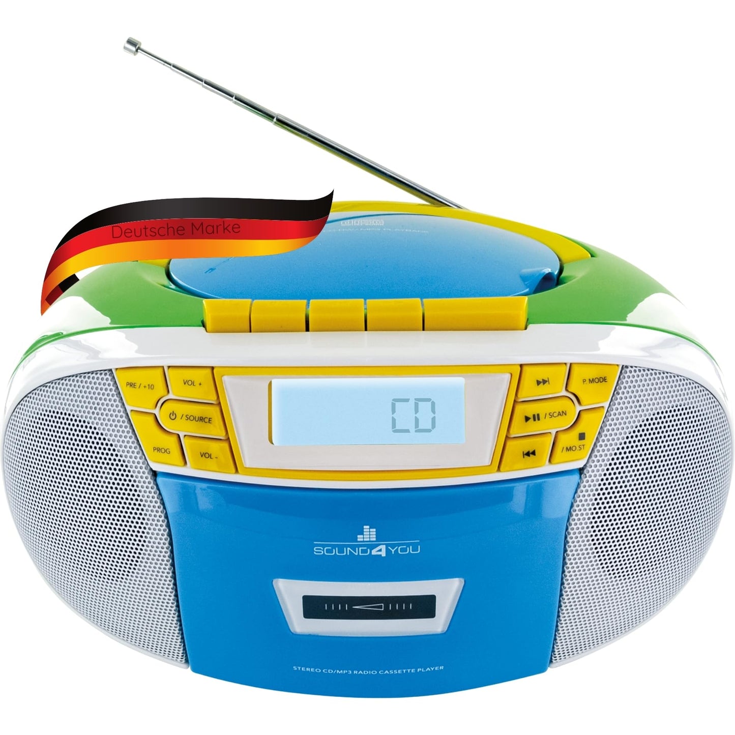 SCHWAIGER 661644 CD player with cassette and radio MP3 USB connection FM radio AUX headphones Boombox mains and battery operation display portable colorful