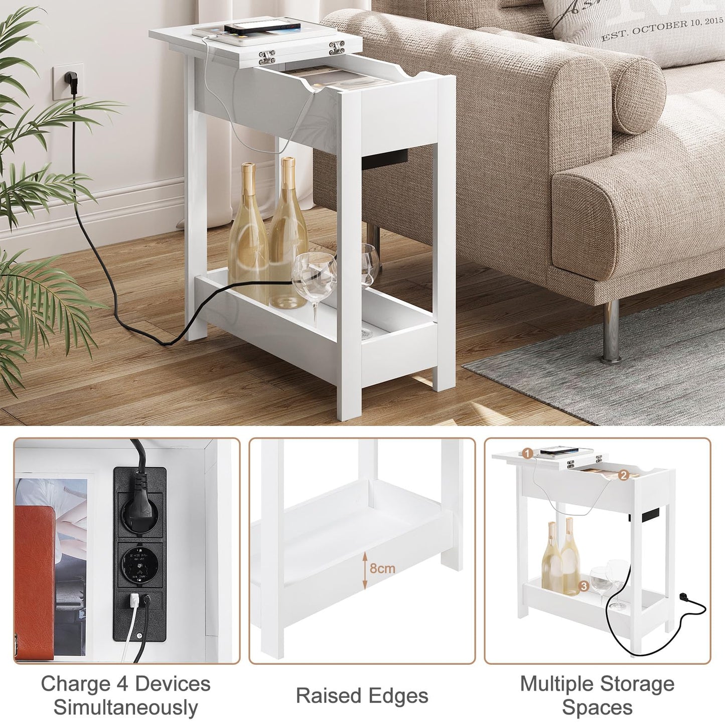 EUGAD Side Table, Bedside Table with Socket, Coffee Table, End Table, Console Table, Foldable Tabletop, 3 Shelves, for Living Room Bedroom Kitchen, White, 0001CHJ