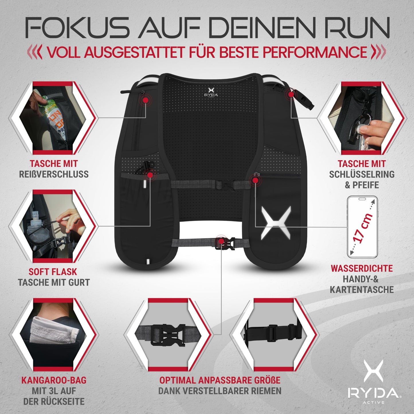 RYDA ACTIVE® running vest for women & men | Ultralight, reflective & universally adjustable | with water bottle & safety label | perfect for jogging, running, trail, marathon & hiking