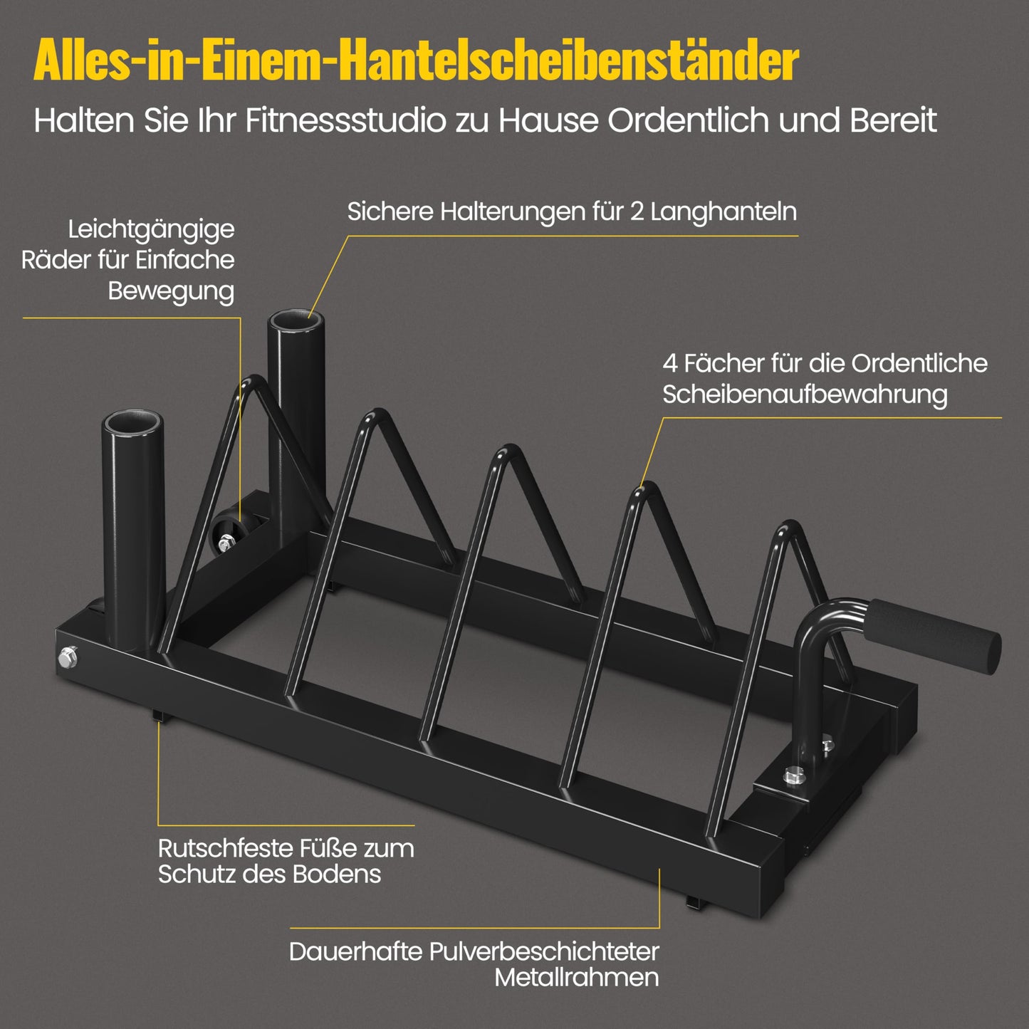 Yaheetech weight plate storage rack with 4 slots and 2 barbell holders on wheels. Supports up to 300 lbs of weight.