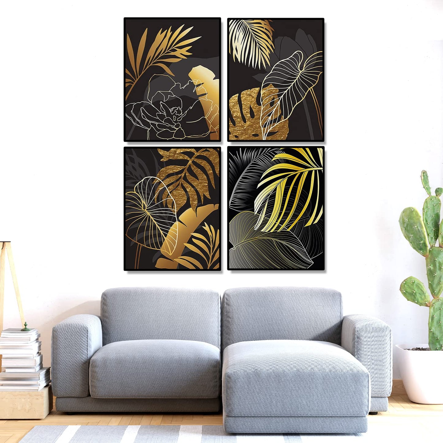 4 pieces of Diamond Painting Leaves 40x50 cm Diamond Painting Leaves Gold and Black Diamond Painting Pictures Modern Style Diamond Art Minimalism for Living Room Embroidery Kit Adults Stickers
