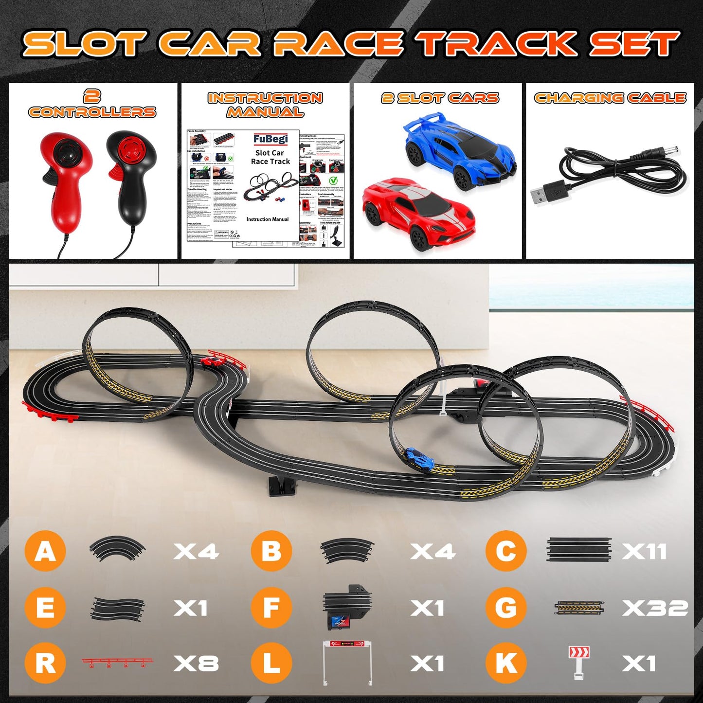 Race track Electric Slot Car Racing Set for Kids Boys Age 6 7 8-12, Battery Operated Electric Track for Kids 6-7, Racing Game 2 High-Speed Racing Cars 1:64 Scale