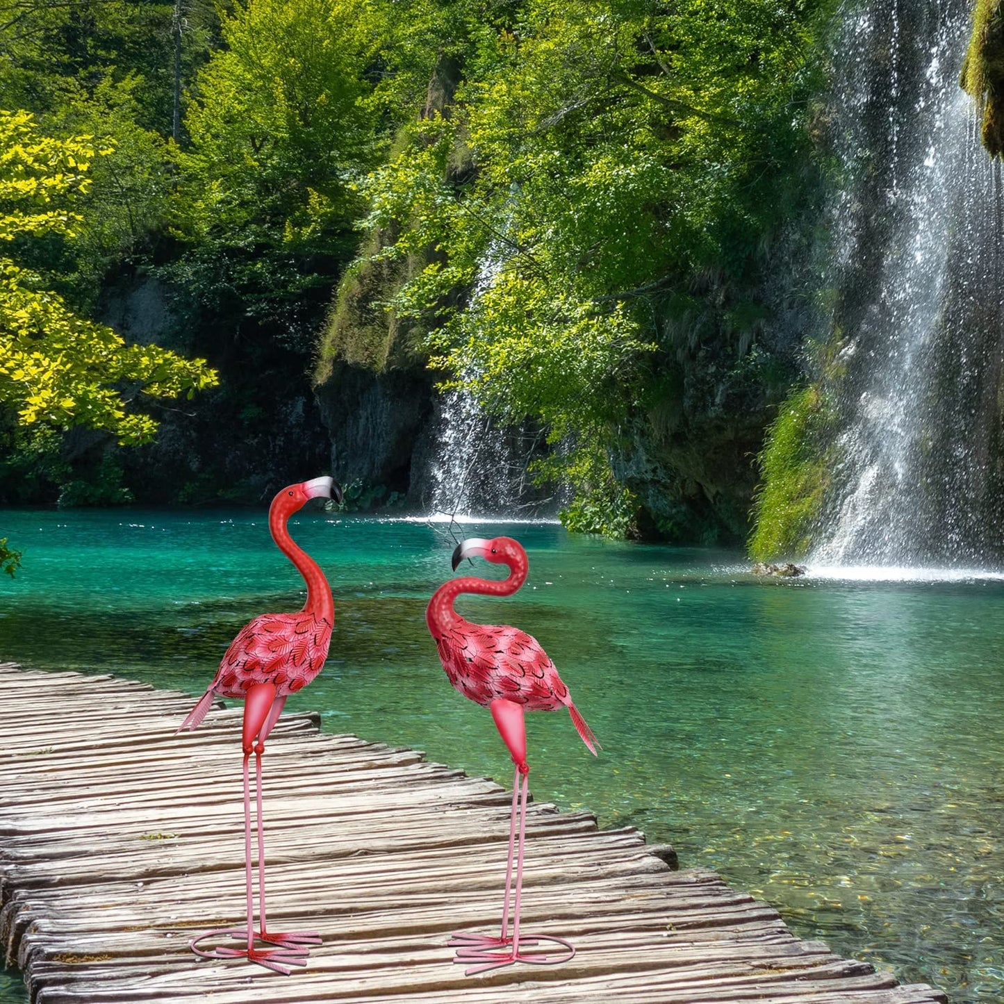 AOFOX Flamingo garden statues and sculptures, 2 pieces metal, large red flamingo bird garden art outdoor statue for home, patio, lawn, backyard decoration