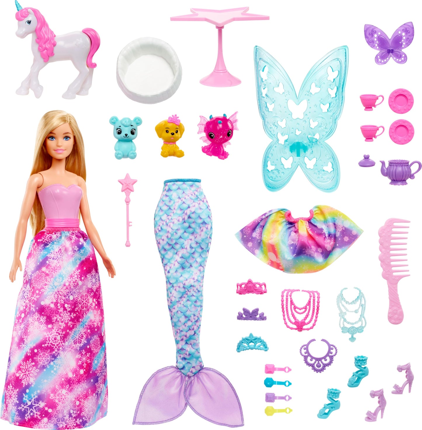 Barbie Dreamtopia Advent Calendar Barbie doll and 24 gifts including fairytale fashions, magical pets and accessories, holiday gift, HGM66