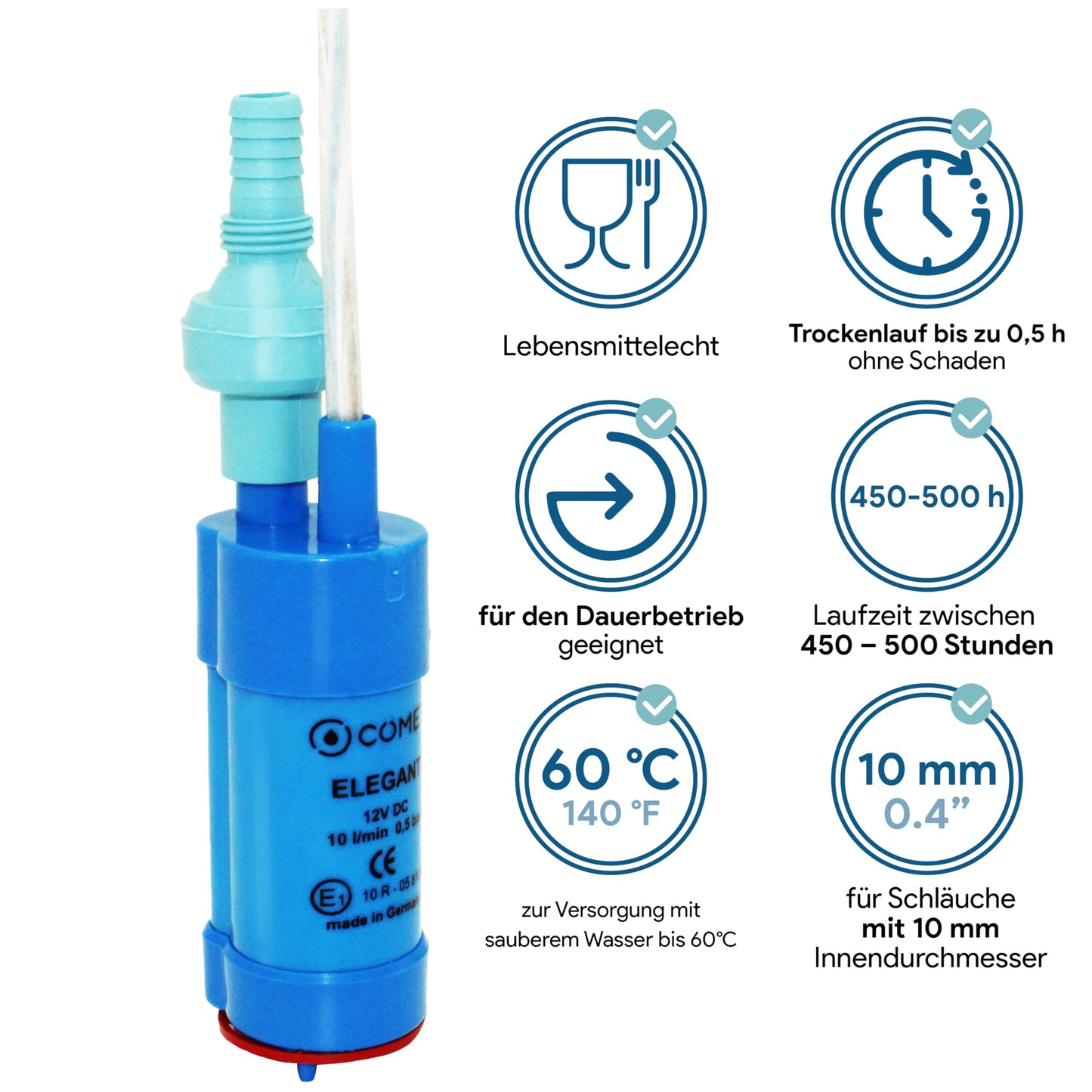 Comet Elegant Water Pump 12V with Check Valve (Fixed) + Filter - Set with Camping Ebook - for Motorhome, Caravan, Submersible Pump