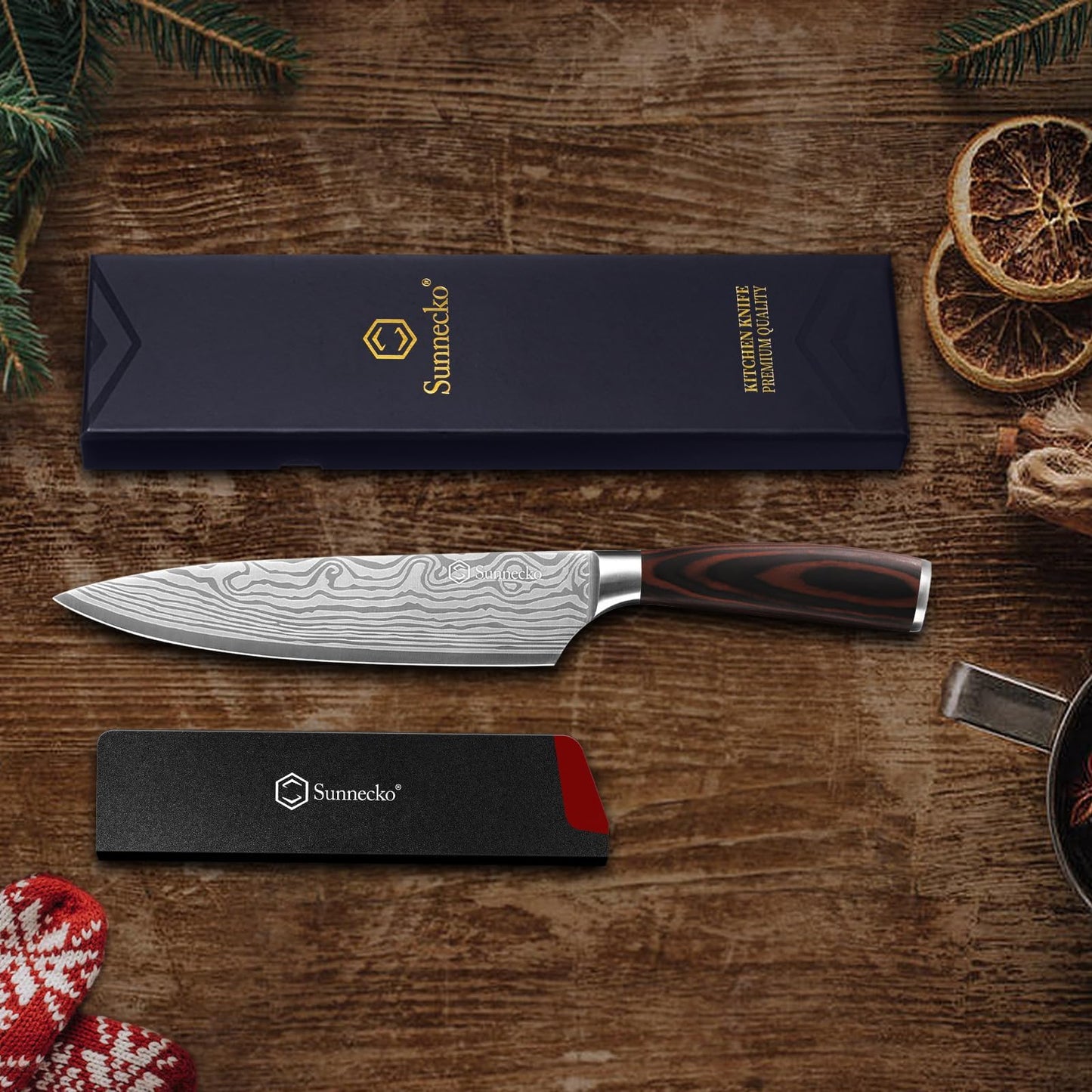 Sunnecko 20cm kitchen knife chef knife professional sharp stainless steel meat knife with Pakkawood handle multipurpose sharp blade with gift box