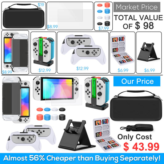 Accessory compatible with Nintendo Switch OLED model, carrying case, dock charger for controllers, adjustable game stand, screen protector, protective case, game cartridge.