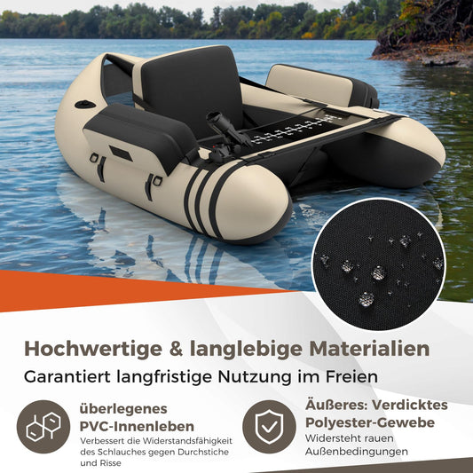 GOPLUS Belly boat, inflatable fishing boat with aluminum paddle, pump, fins, fish ruler, rod holder, and 2 shoulder straps. Supports up to 150kg, measures 135 x 109 x 54 cm. Beige+black color.