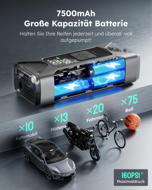 ASMAX Electric Air Pump 7500mAh, Bike Pump 160PSI/11Bar with Tire Pressure Gauge, Portable Battery Compressor, Mini Tire Pump with LED Light for Cars, RVs, Motorcycles, Bicycles, Balls