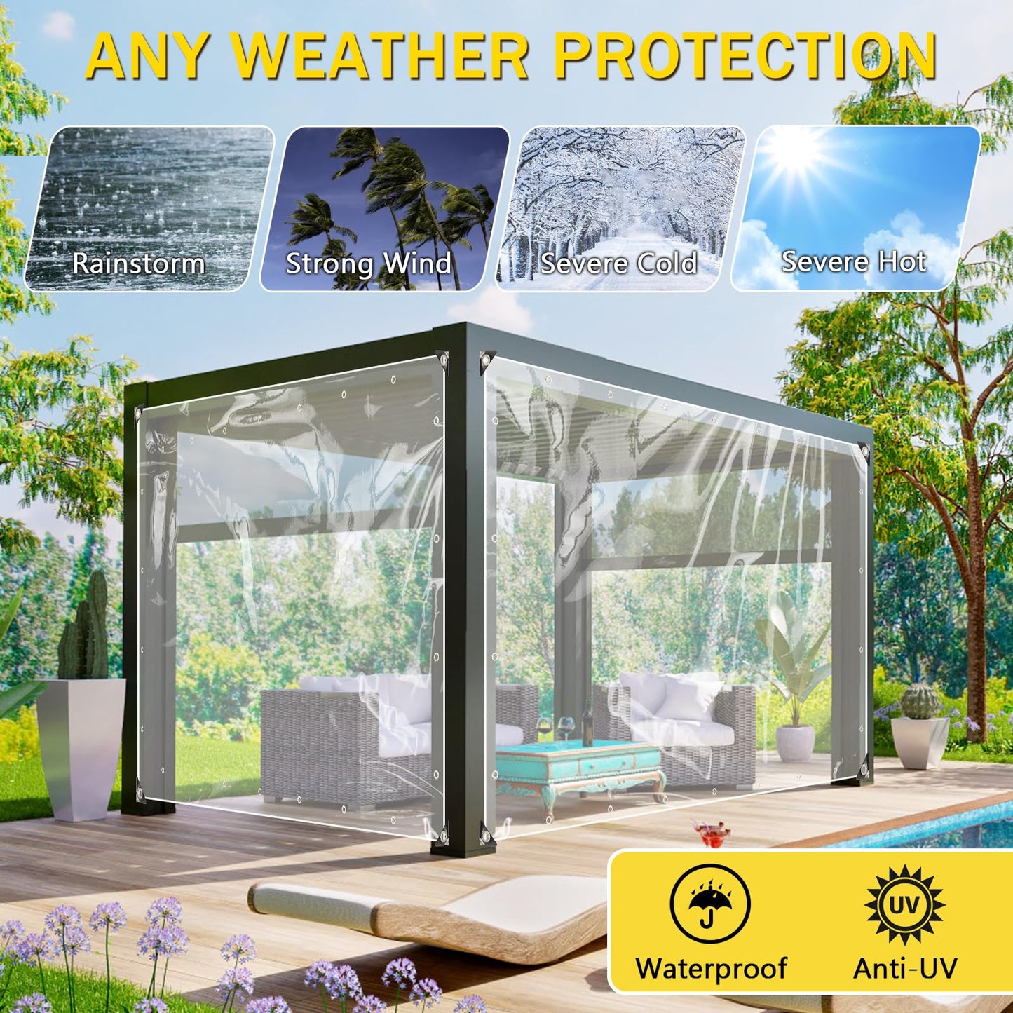 Transparent tarpaulin with eyelets 420g/m² 3x3m, tarpaulin tent tarpaulin waterproof with rope and cable ties, PVC material weatherproof tarpaulin for rain protection for plants greenhouse patio furniture.
