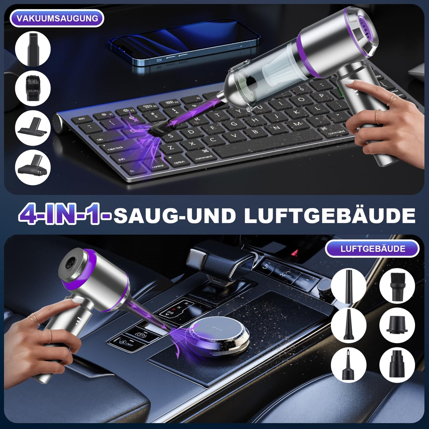 Handheld vacuum cleaner battery, 4-in-1 handheld vacuum cleaner, cordless handheld vacuum cleaner, 22000PA car vacuum cleaner battery winner, 3-speed 200000 RPM mini vacuum cleaner for car, kitchen, PC, sofa, office & pet hair cleaning.
