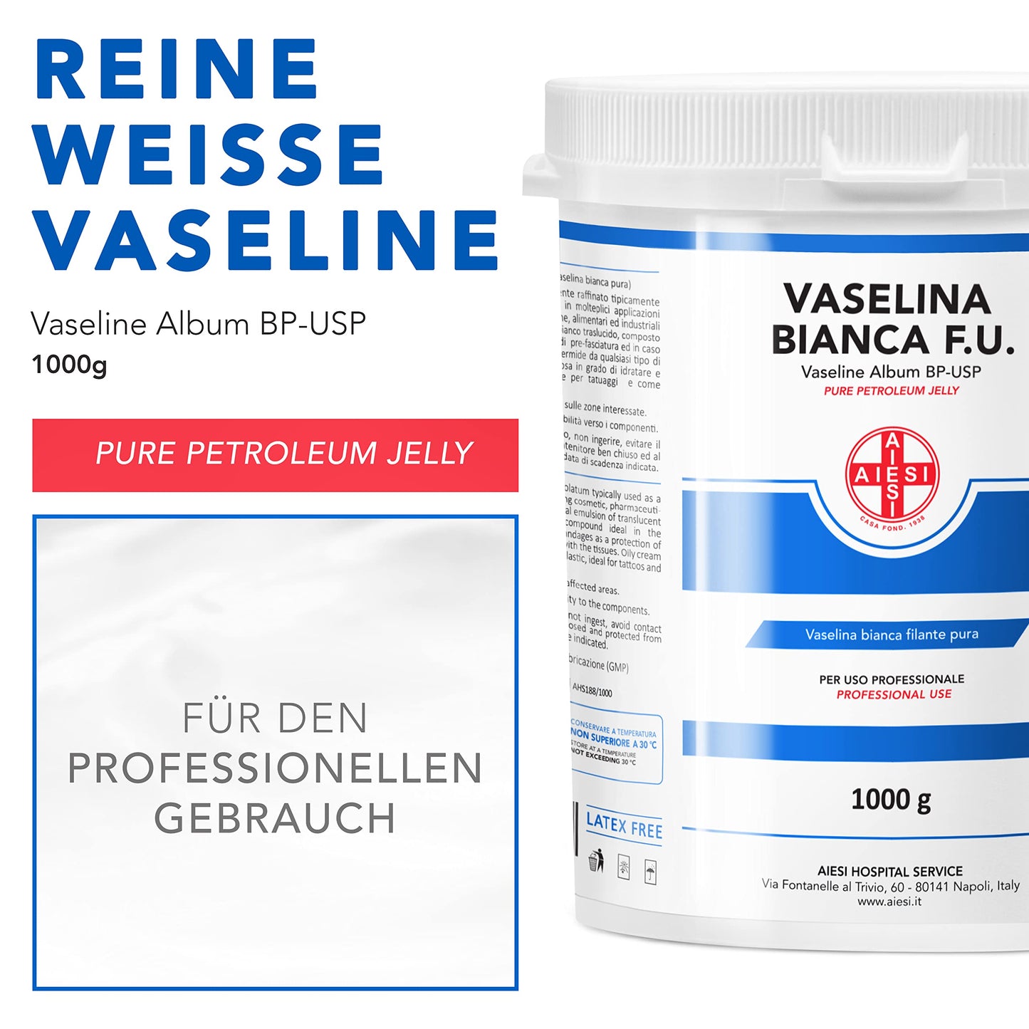 AIESI® White Pure Petroleum Jelly Ph.Eur. (1 kg glass jar), For medical, dermatological, and professional use, Made in Italy