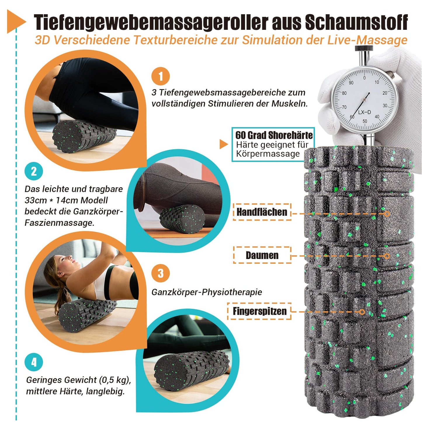 Fascia roller set, set with 3D texture massage fascia roller, mini fascia roller, fascia ball, and duo ball. Fascia set for training muscles, connective tissue, and metabolism, with training posters.