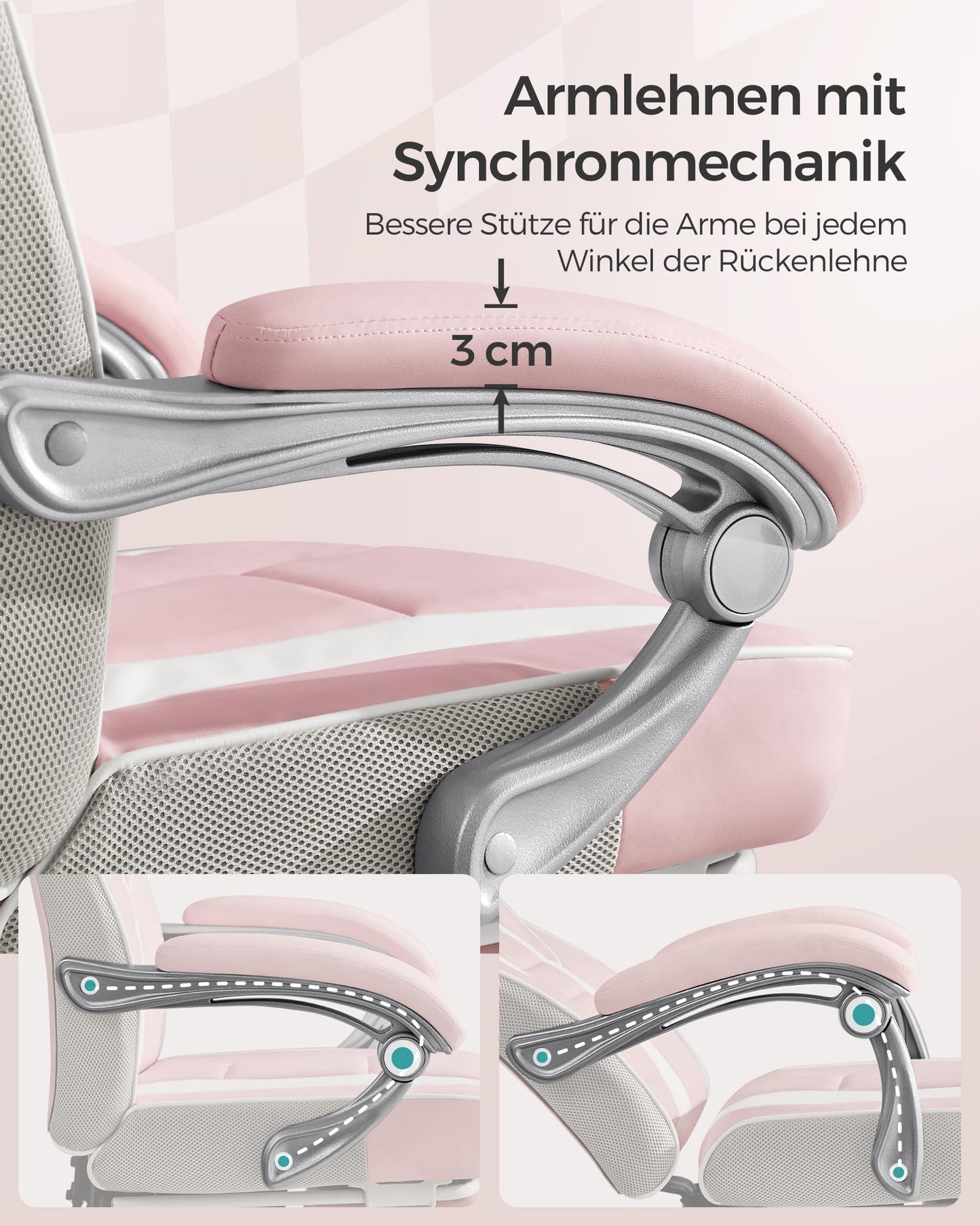 SONGMICS Office Chair with Adjustable Footrest, Headrest, Lumbar Pillow, Height Adjustment, Ergonomic Design, Reclining Backrest, Supports up to 150 kg, Pastel Pink and Cream White OBG073P01