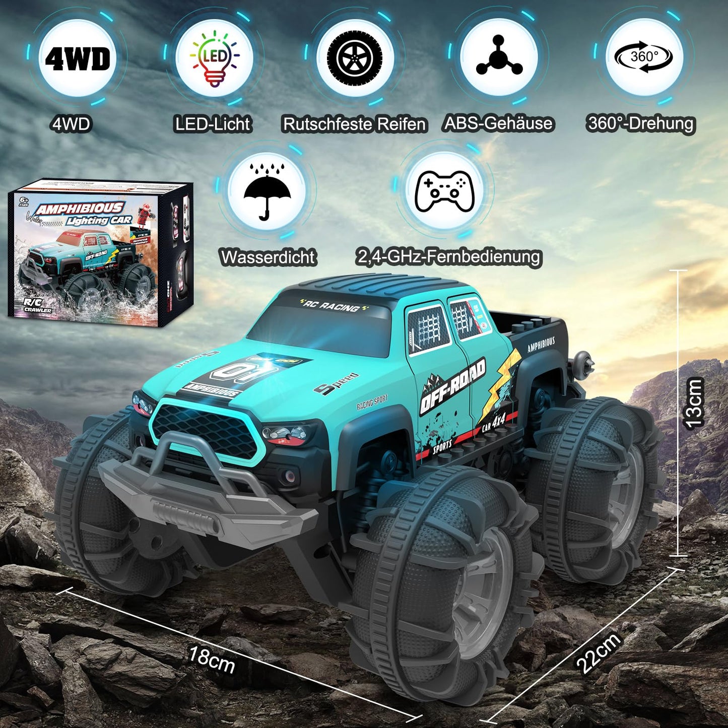 4WD Amphibious Remote Control Car, RC car waterproof with gesture sensor, LED light & 2 batteries, Gift for boys & girls 4-12 years old, Toy car for sand, water & terrain, Compatible with building blocks