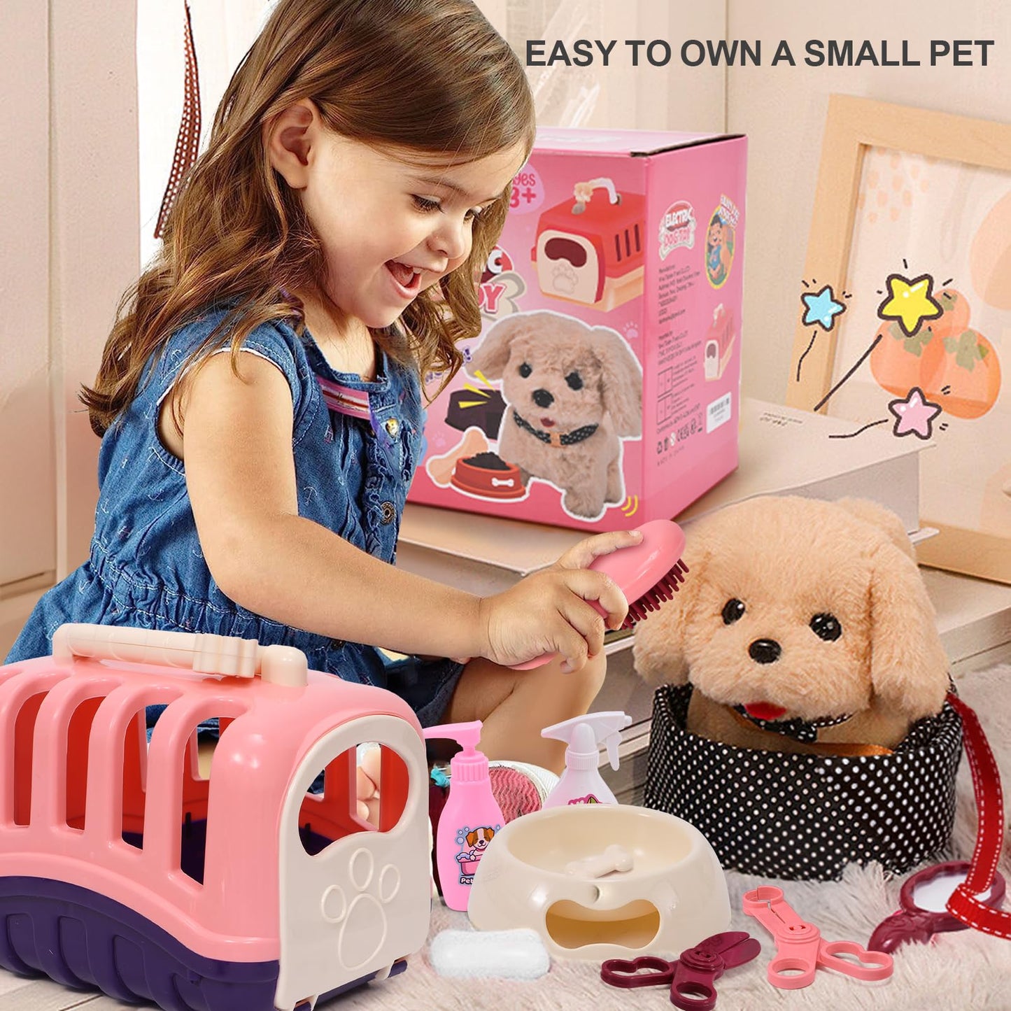 Tacobear dog toy that walks, barks, and wags its tail. Electric plush dog with leash, dog cage, interactive pet, stuffed animal gift for kids, girls aged 3-6 years.