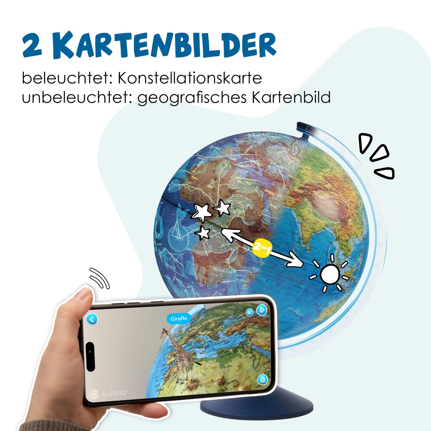 alldoro 68640 Interactive 3D Globe Ø 32 cm, children's globe with relief, German map image & zodiac signs, with app function, wireless & illuminated.