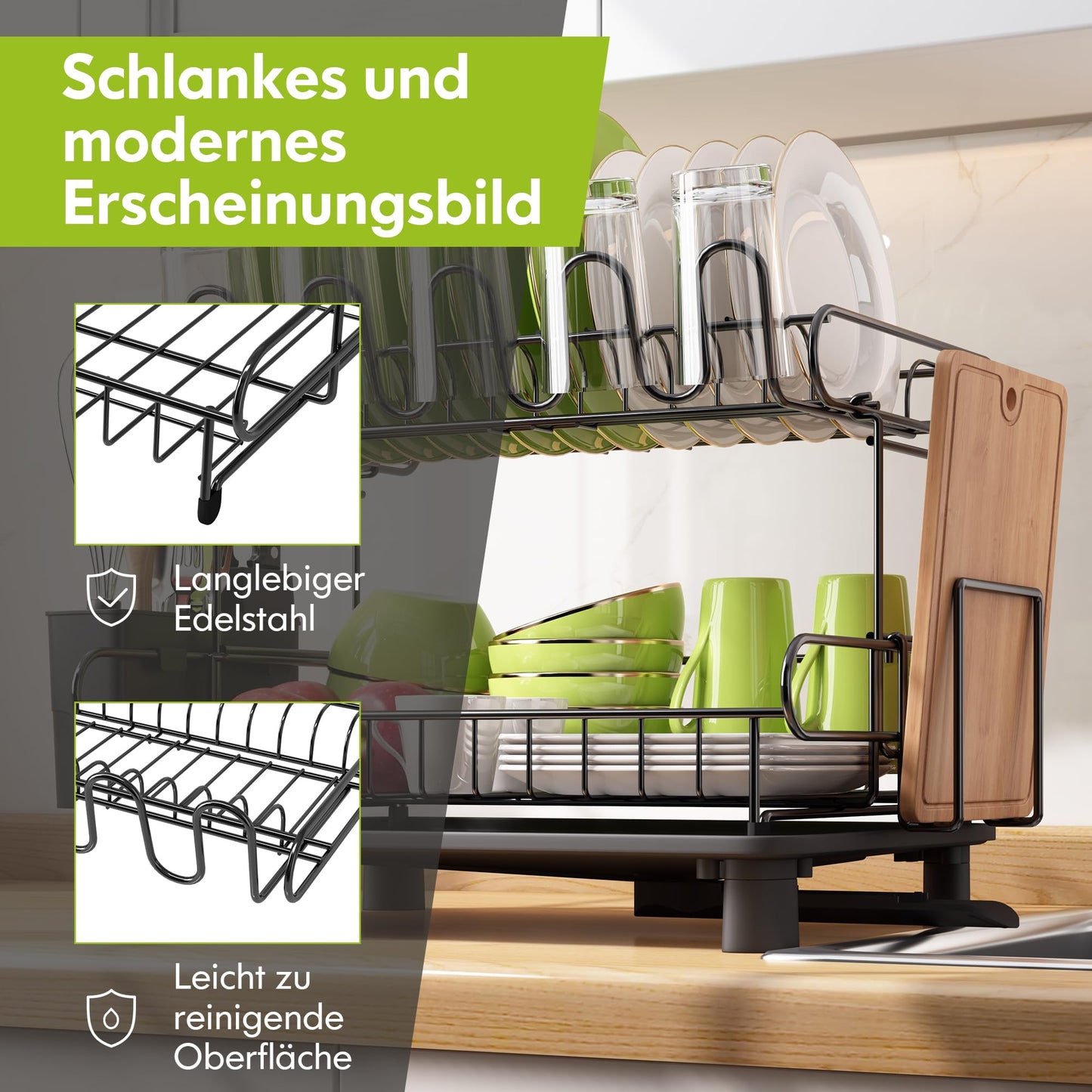 MAJALiS Dish Drying Rack, 2-Tier Dish Rack with Drip Tray, Stainless Steel Dish Rack with Utensil Holder, Rotating Spout, Black