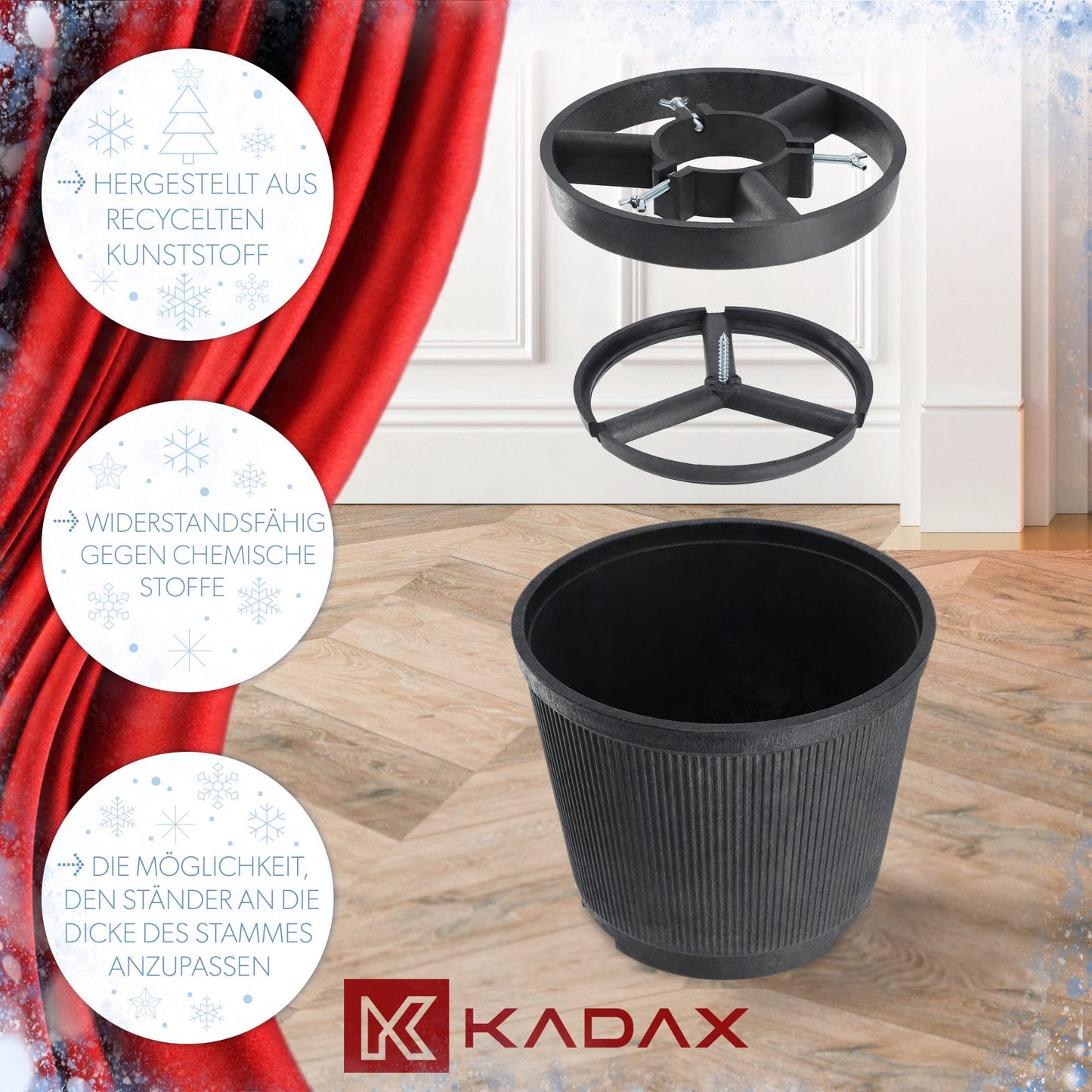 KADAX Christmas tree stand, made from recycled plastic, for real trees up to 250cm in height. Graphite color.