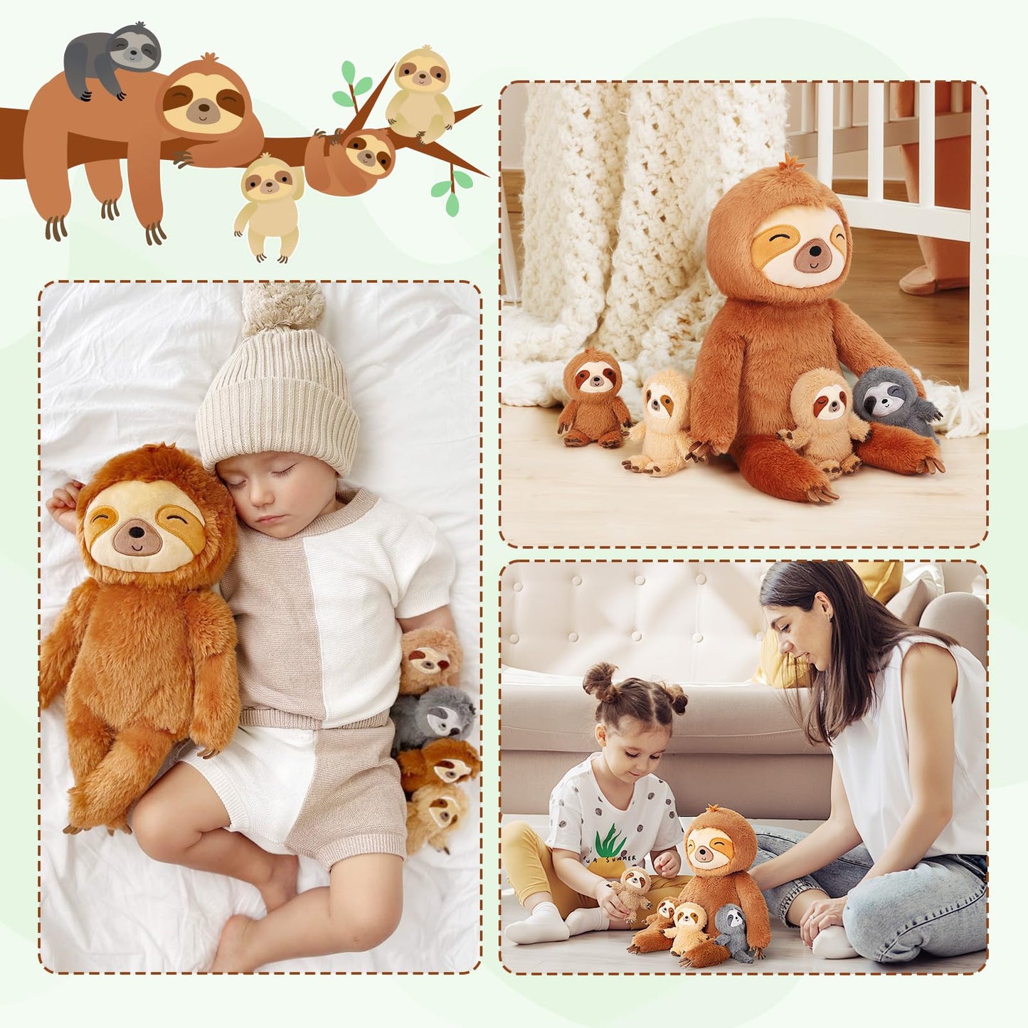 OUOZZZ 5 piece sloth plush toy set, 48cm soft sloth stuffed animal with 4 baby sloth plushies in the belly - baby birthday gift for girls boys kids