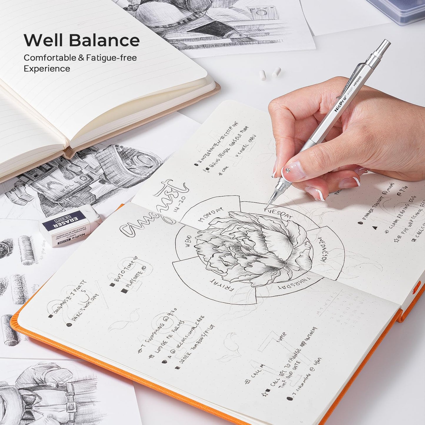Nicpro 4 pieces mechanical pencils 0.5 mm and 0.7 mm with case, MP1000 metal artist pen set with 8 refill tubes, 3 erasers, for artistic writing, drawing, black and silver.