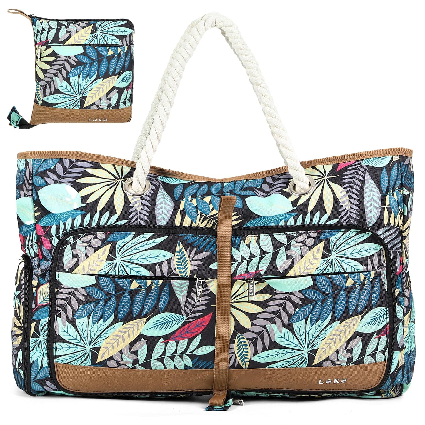 Lekespring beach bag for women with zipper, versatile shopper bag for beach, travel, shopping, sports, and work (Blue Jungle)