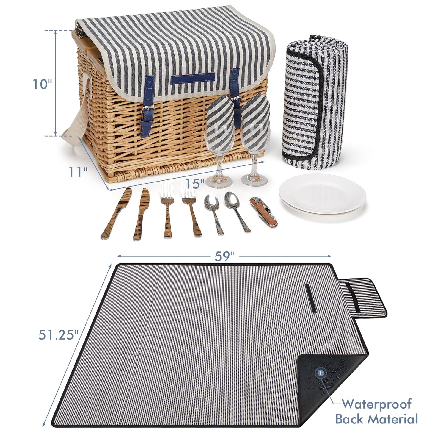 Picnic basket for 2, including a bamboo wine table with metal legs. Perfect for camping and outdoor parties.