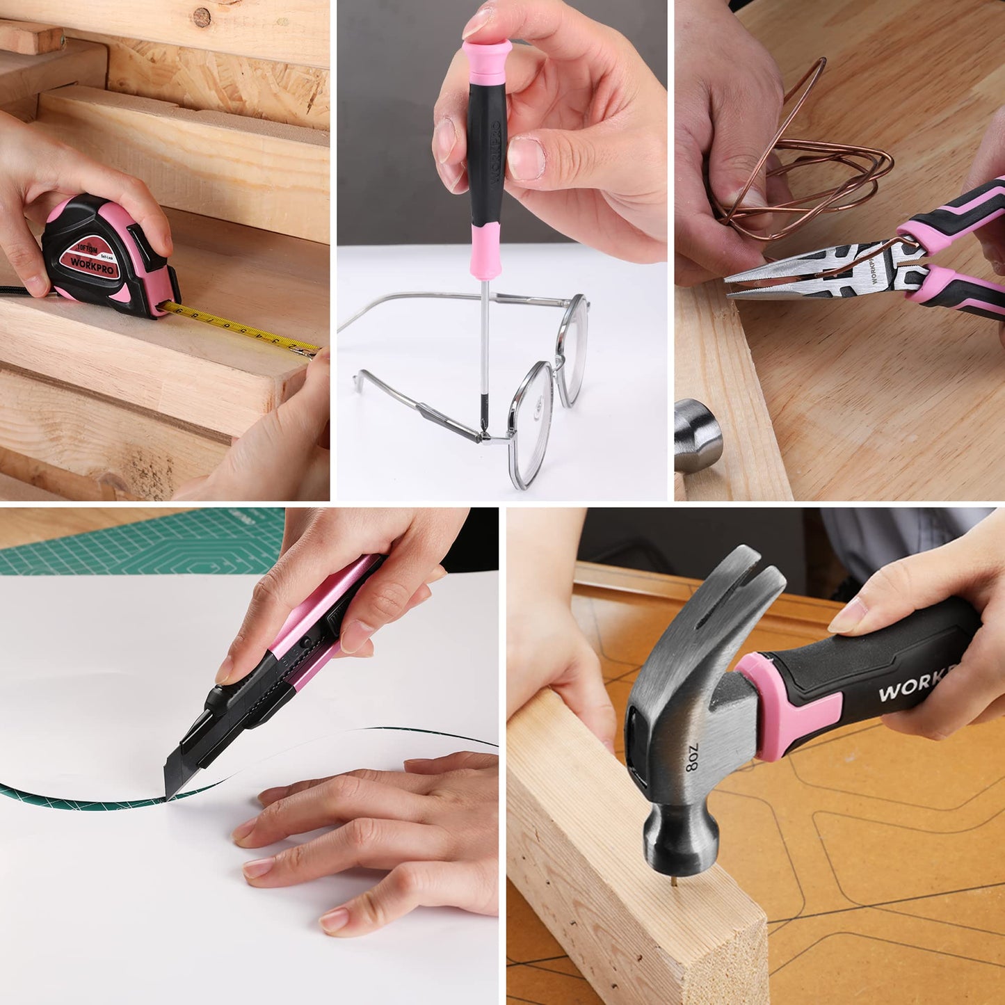 WORKPRO 18-piece pink tool set with USB C cordless screwdriver, small pink toolbox filled with household essentials, tool kit for DIY enthusiasts, children, crafting.