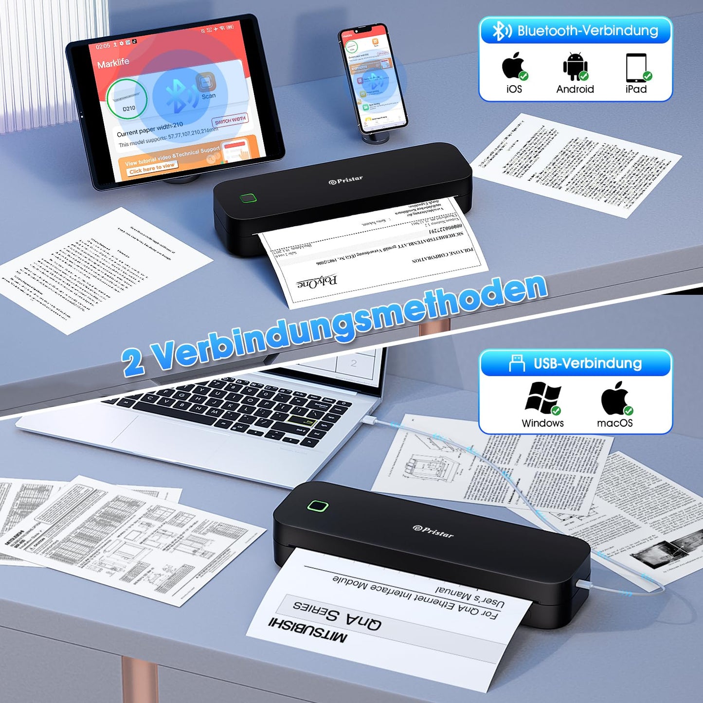 Pristar D210 thermal printer A4, portable printer compatible with iOS/Android and laptops, mobile printer A4 for on the go, office, car, school, home, Bluetooth thermal printer tattoo, black