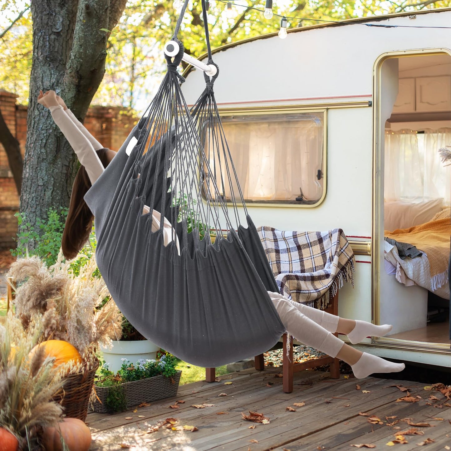 Ohuhu Hanging Chair with 2 Pillows and Ceiling Hook Kit, Outdoor XL Hammock Chair for Adults & Kids up to 150kg, Hammock Swing Suspension for Indoor/Outdoor Bedroom and Garden, Gray