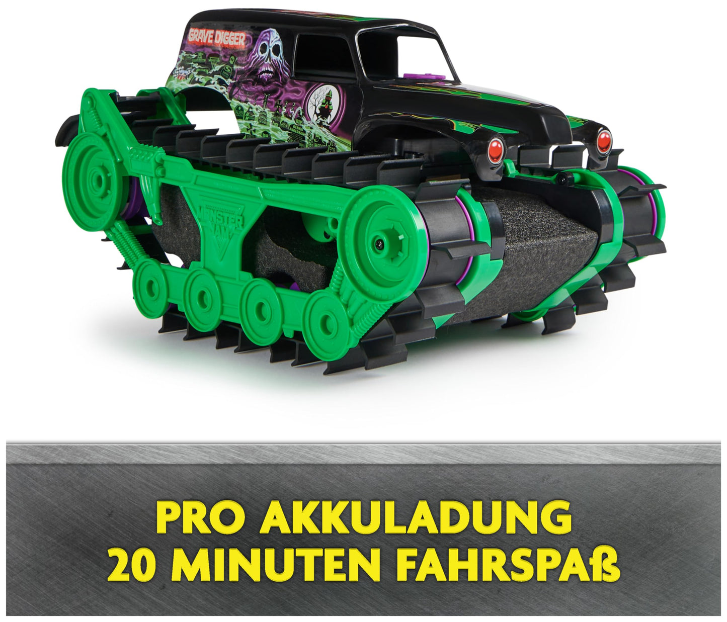 Monster Jam, Grave Digger Trax - RC Monster Truck tank vehicle scale 1:15, All-Terrain capable on land and in water - for boys and girls aged 4 and up