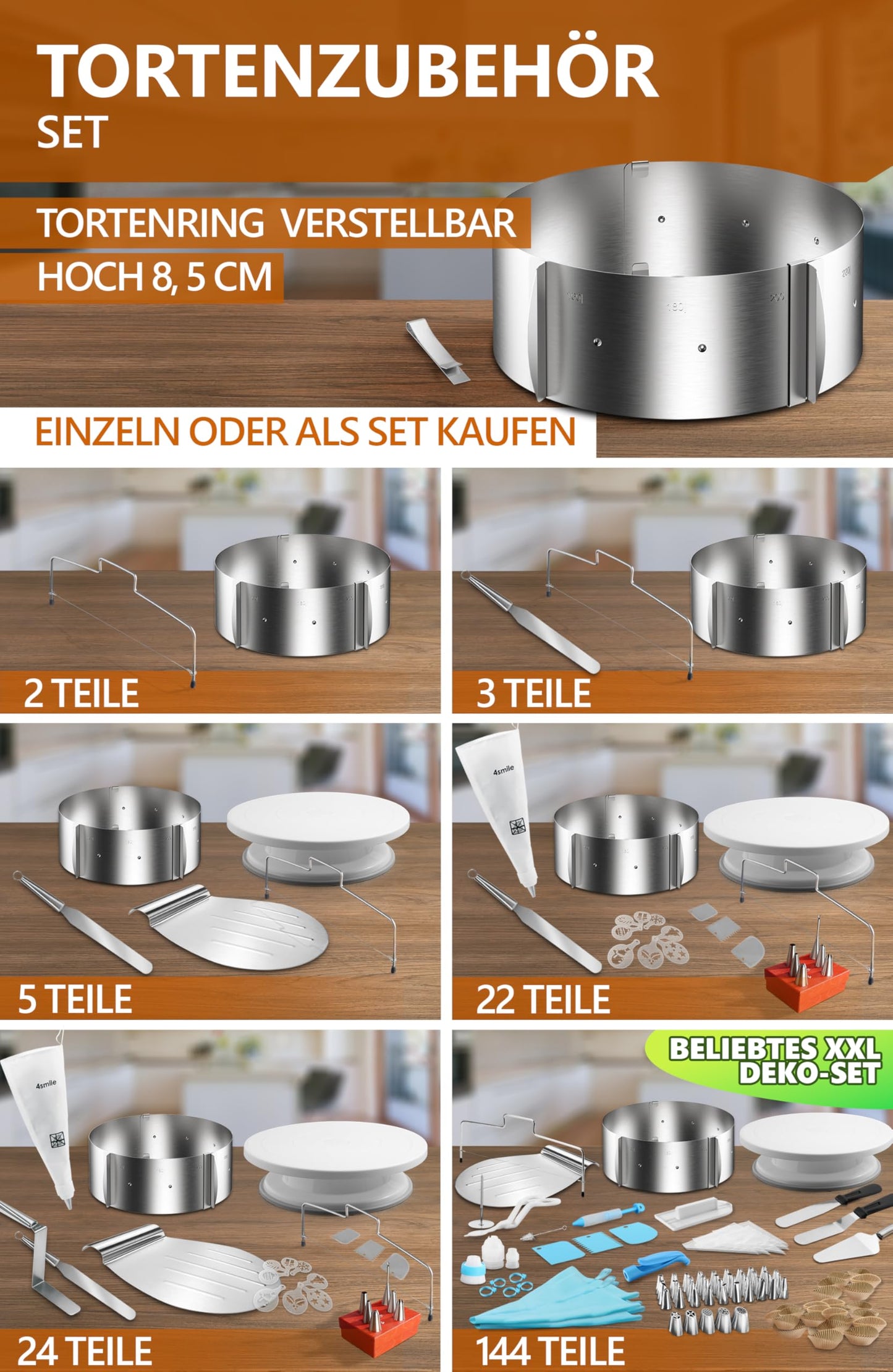 4smile Cake Accessory Set 2 pieces - adjustable cake ring height 8.5 cm + cake cutter - stainless steel baking accessory, functional baking set for baking and cake preparation.