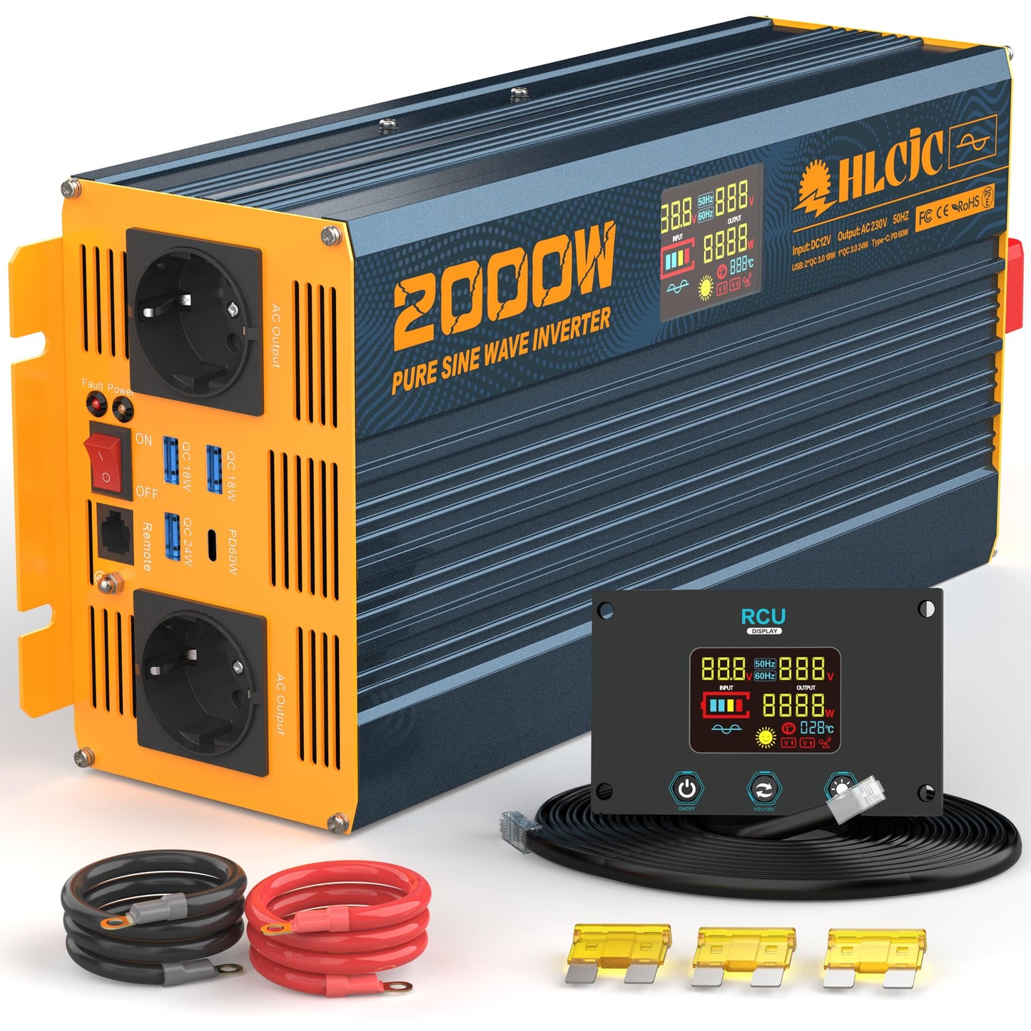 2000 Watt inverter 12V to 230V Pure sine wave power inverter with LCD display 1 Type-C PD60W 3 USB-A QC3.0 fast charging ports 2 EU outlets 2 remote controls for solar system camper truck car