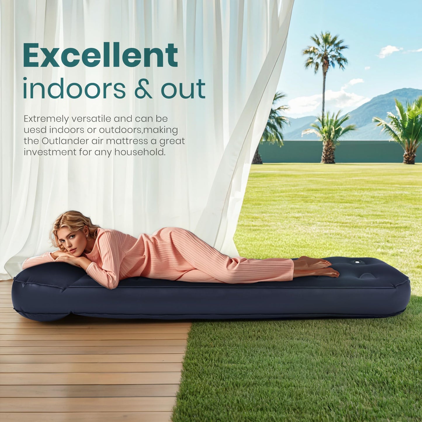 ROPODA Single Air Bed, Camping Mat, Inflatable Camping Mattress for outdoor and indoor use, built-in foot pump, flocked surface for adults, teenagers, and children, 188 x 77 x 28 cm (Blue)