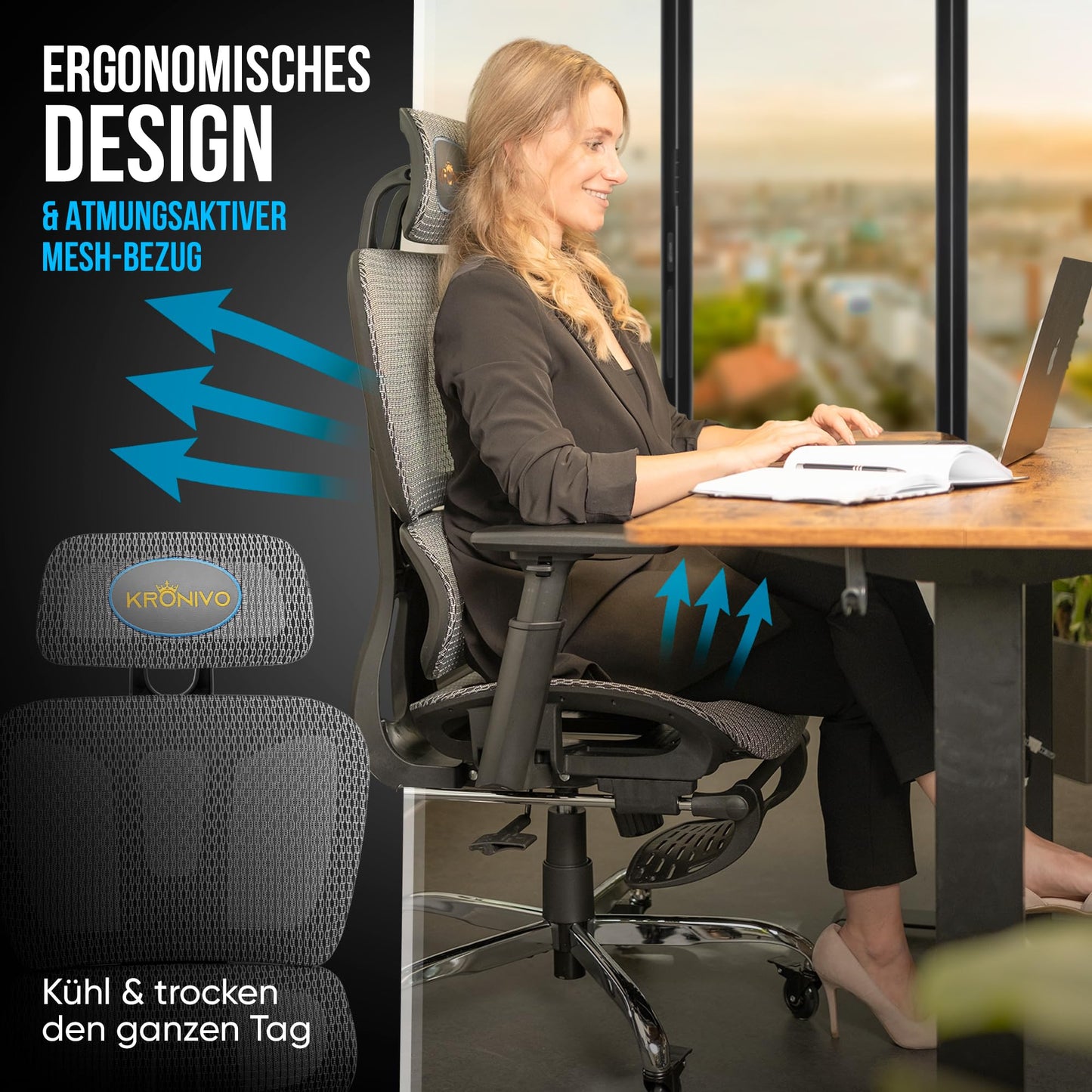 KRONIVO Office Chair Ergonomic with Footrest | Desk Chair with Headrest Armrests Lumbar Support | Desk Chair with Wheels for back-friendly sitting up to 440lbs