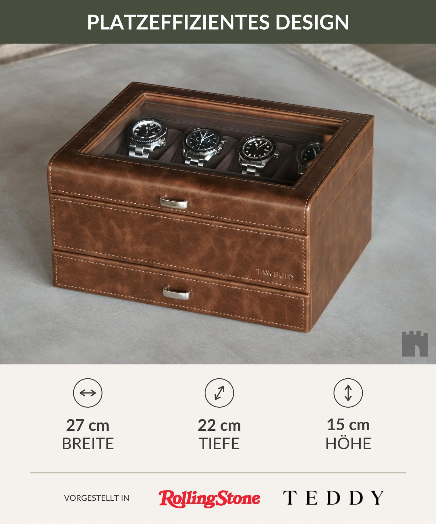 TAWBURY watch box for men for 8 watches - Men's watch box with 8 compartments made of brown vegan leather | Watch storage | Watch box for men | Watch case (Brown)
