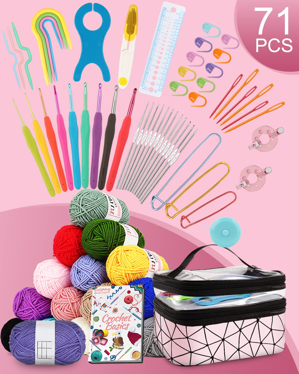Coopay Crochet Kit for Beginners, 71 Piece Crochet Hook Set with Bag and Yarn, Premium Crochet Set with Knitting Accessories and Yarn, 0.6-6.0 mm Crochet Hooks Set, Complete Beginner Crochet Hook Sets Gifts, Pink