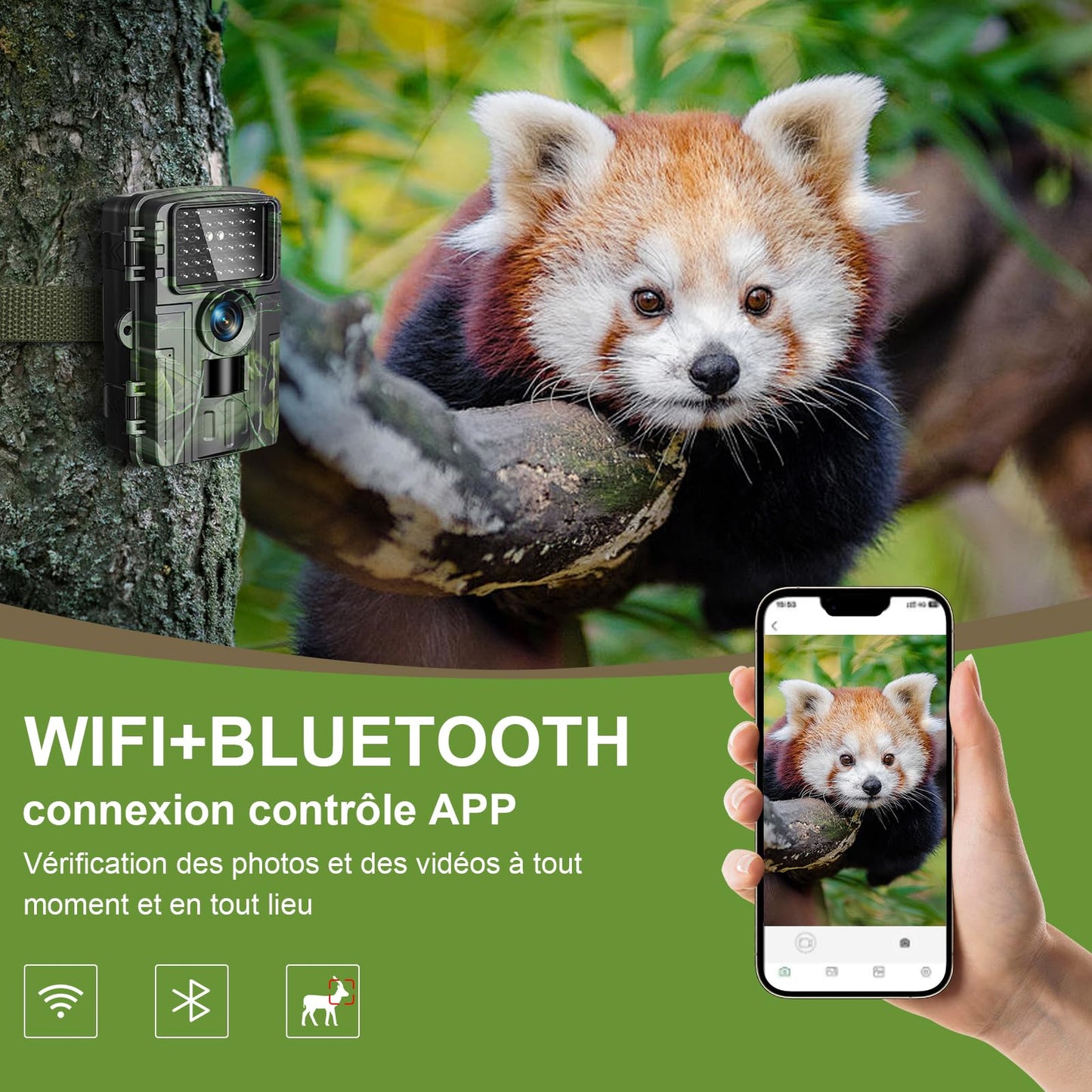 Wildlife camera, 4K video outdoor camera, 60MP Full HD WiFi with mobile transmission app, motion sensor, night vision, 0.1s trigger time, infrared camera with 32G memory card & card reader IP66 Waterproof.