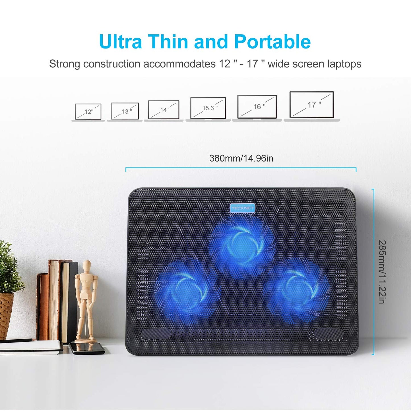 TECKNET Laptop Cooling Pads, Laptop Cooler for 12-17 inch, Cooling Pad Notebook Cooler Stand Cooling Mat, 2 USB Ports, 3 Fans with LEDs (Blue+Black)