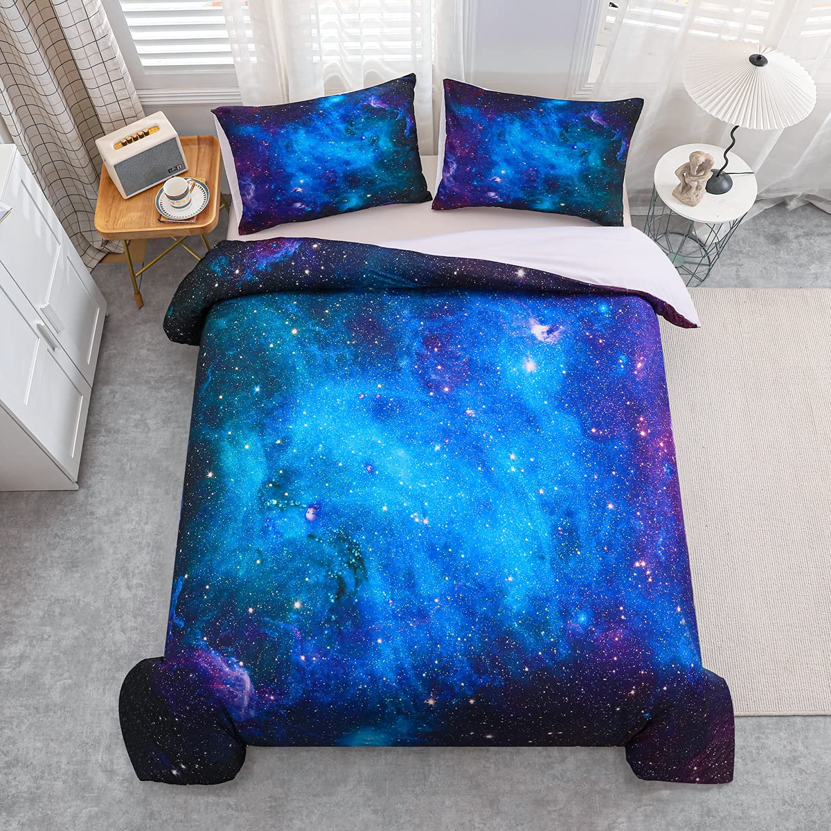 Loussiesd bedding set galaxy starry sky duvet cover set for kids boys girls soft breathable microfiber 135*200cm bed set with zipper and 1 pillowcase 80x80cm.
